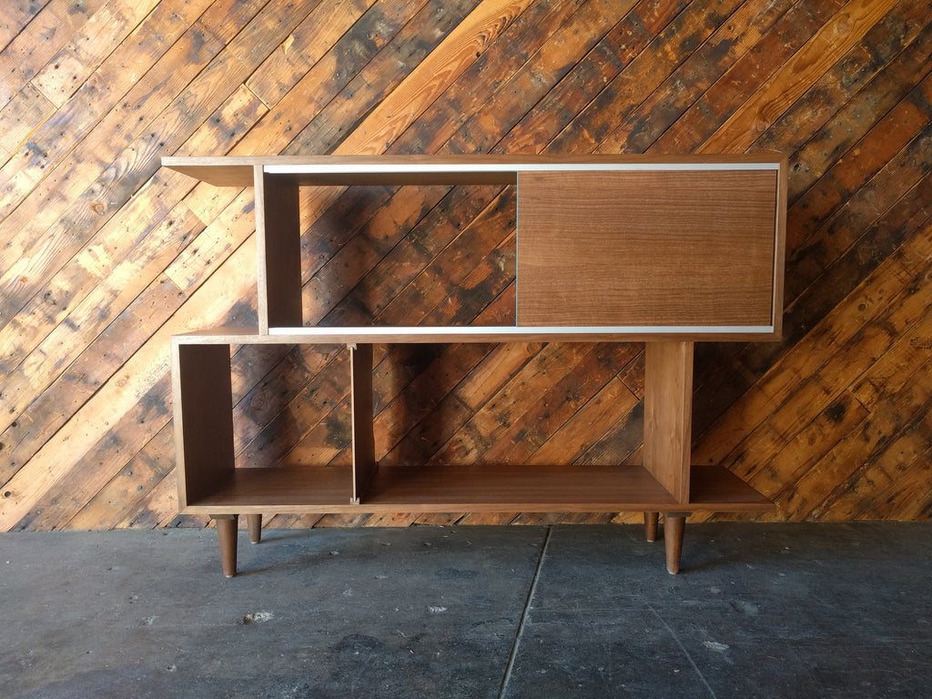 Mid Century Style Custom Walnut Zig Zag Shelf with metal track and sliding door
