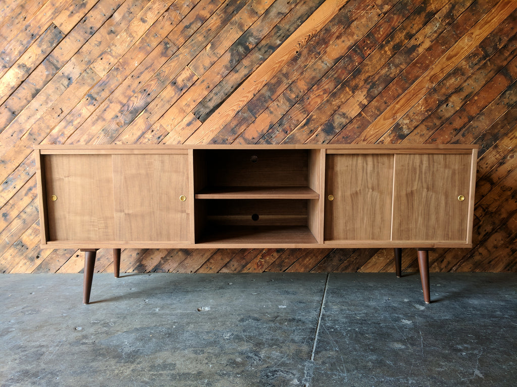 CUSTOM MID CENTURY STYLE WALNUT CREDENZA with 3 bays and 4 sliding doors