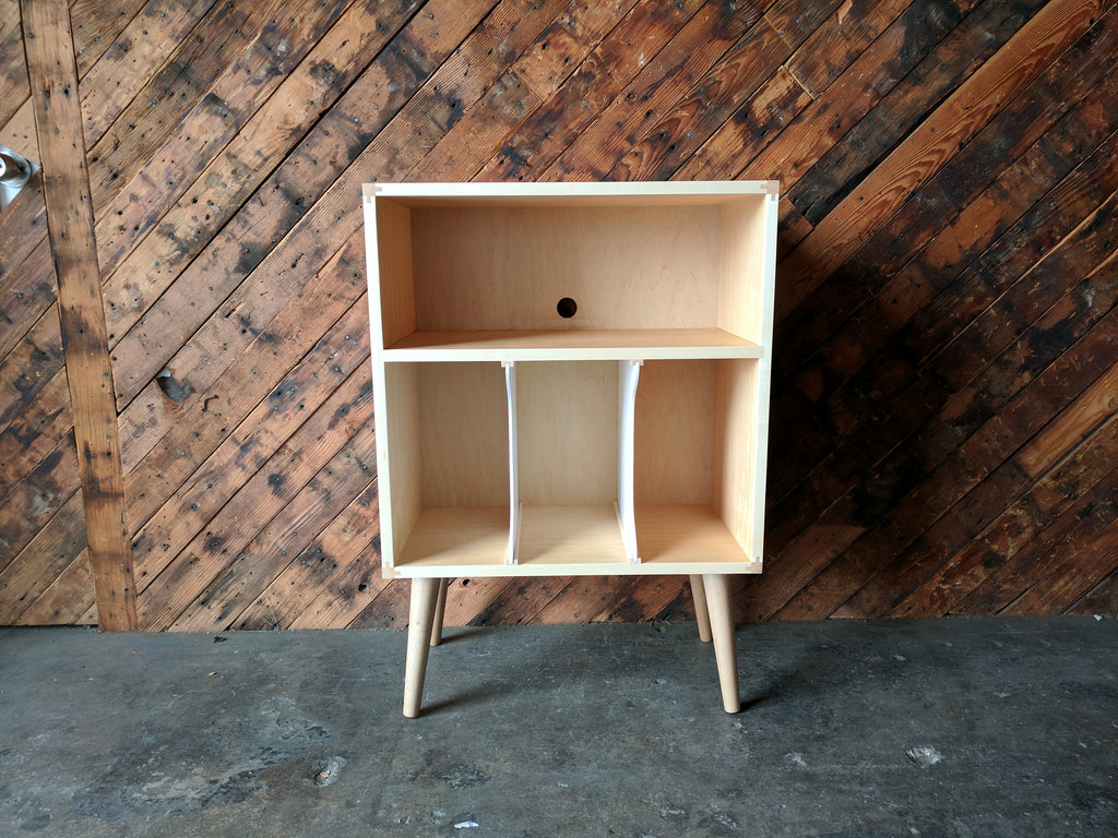 MID CENTURY STYLE MINI CREDENZA RECORD STAND IN MAPLE with media bay