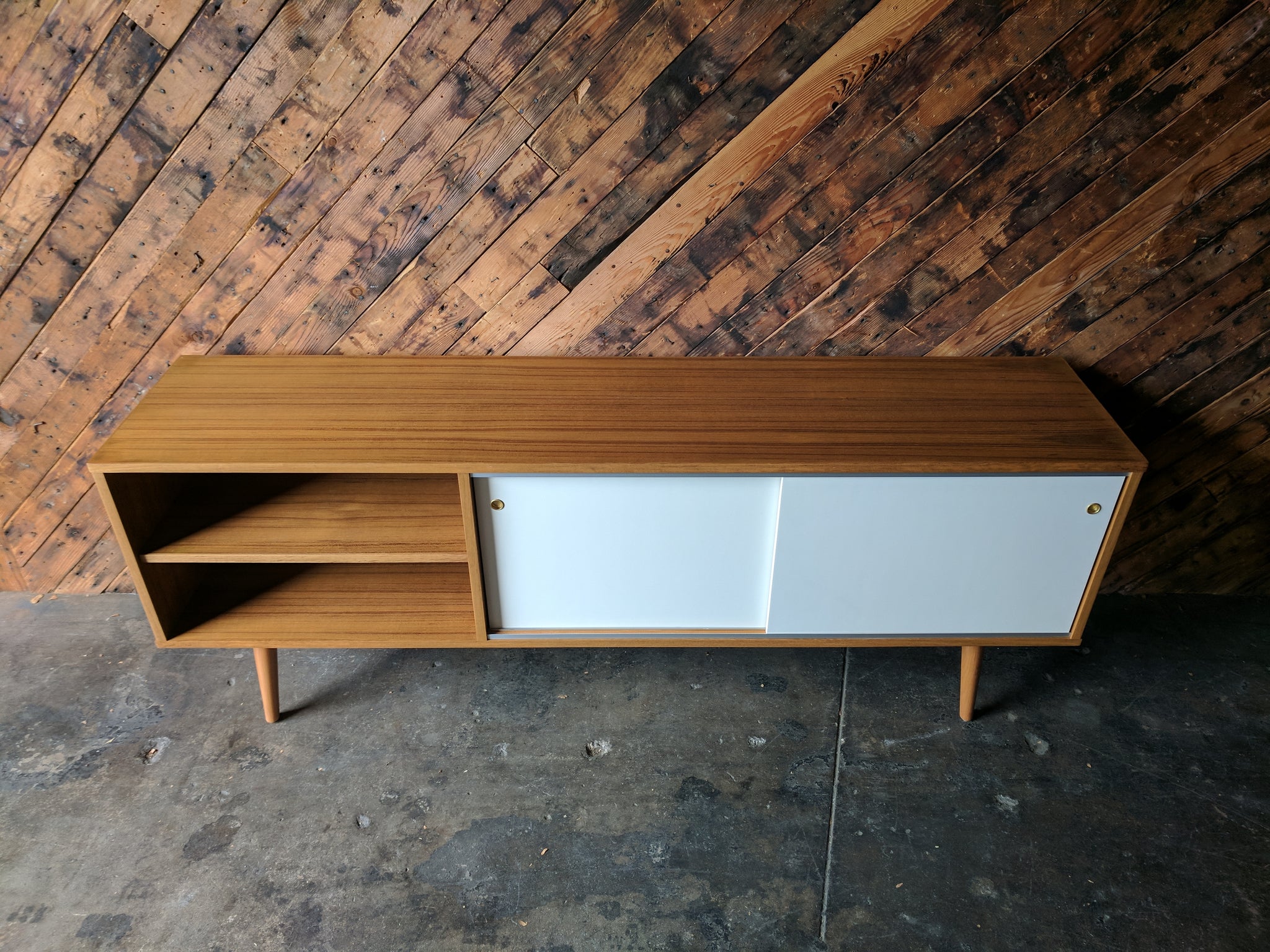 Custom Teak Mid Century Style Credenza with 3 bays and 2 sliding doors