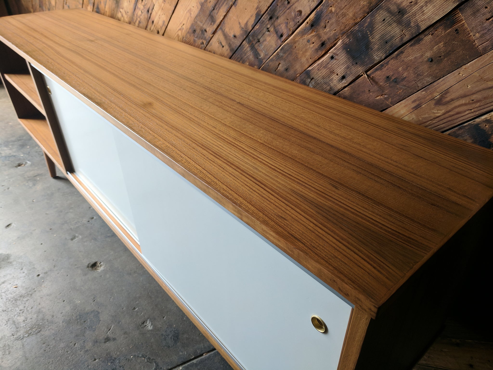 Custom Teak Mid Century Style Credenza with 3 bays and 2 sliding doors