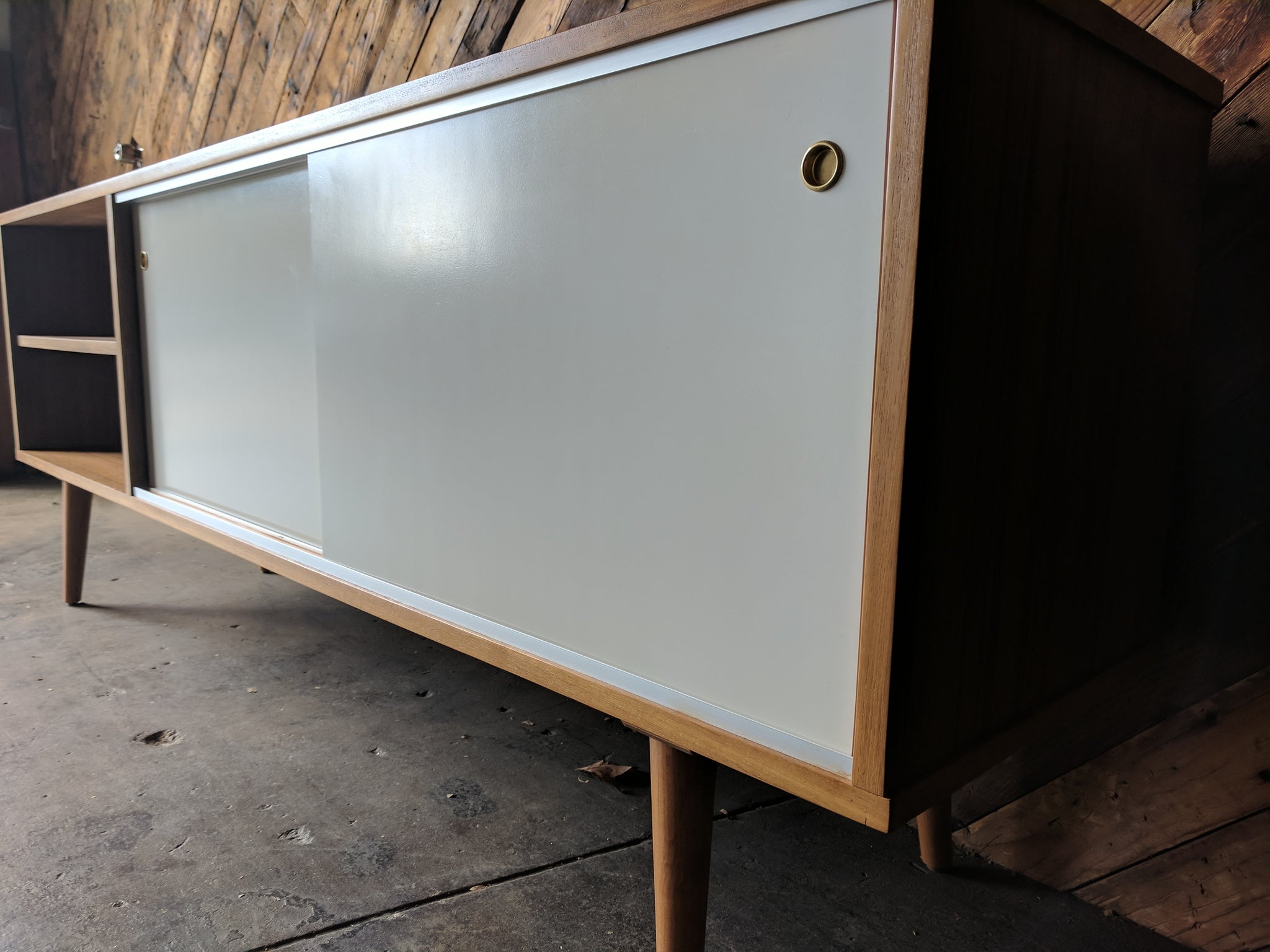 Custom Teak Mid Century Style Credenza with 3 bays and 2 sliding doors