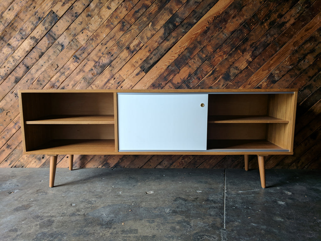 Custom Teak Mid Century Style Credenza with 3 bays and 2 sliding doors