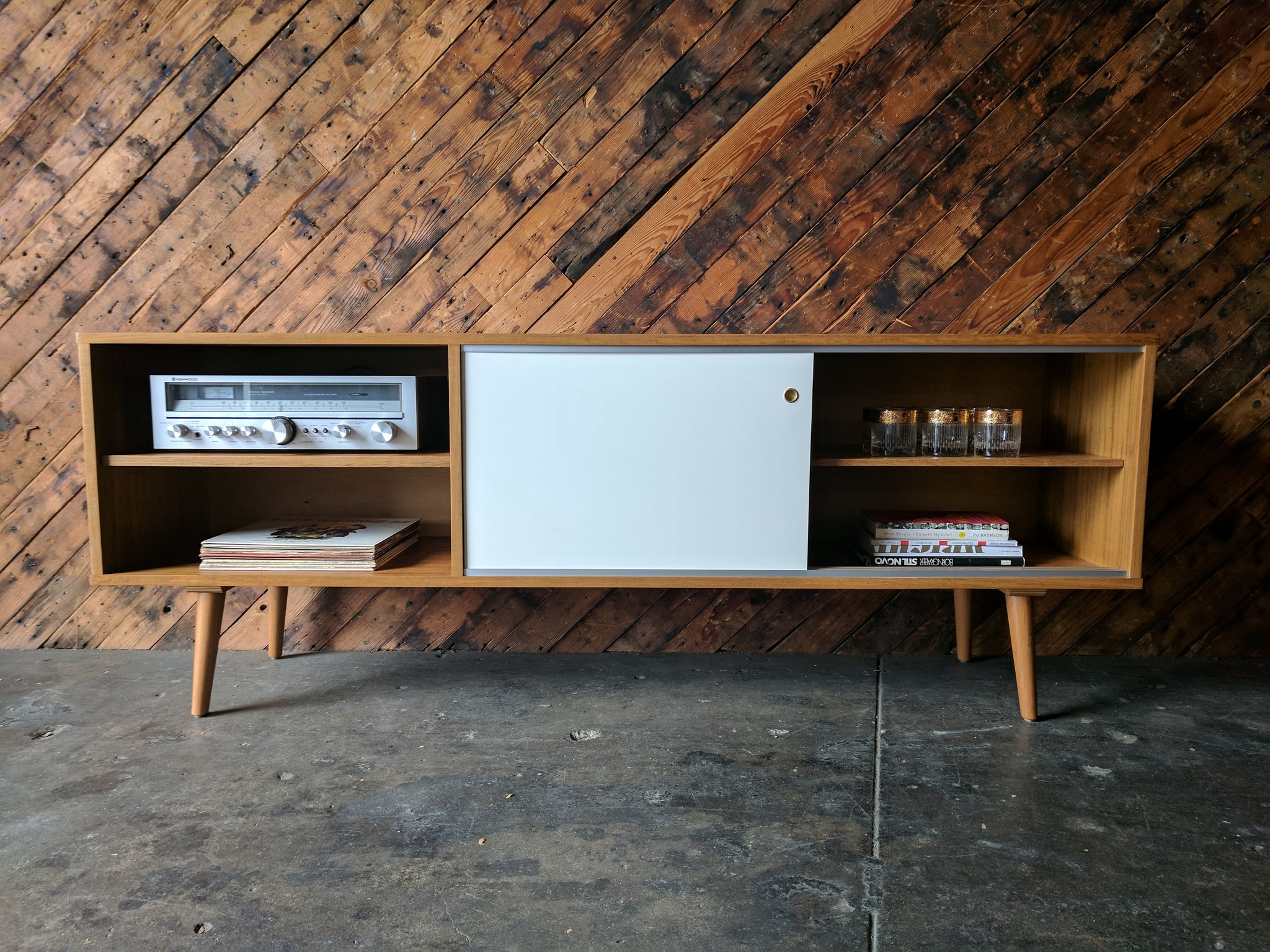 Custom Teak Mid Century Style Credenza with 3 bays and 2 sliding doors