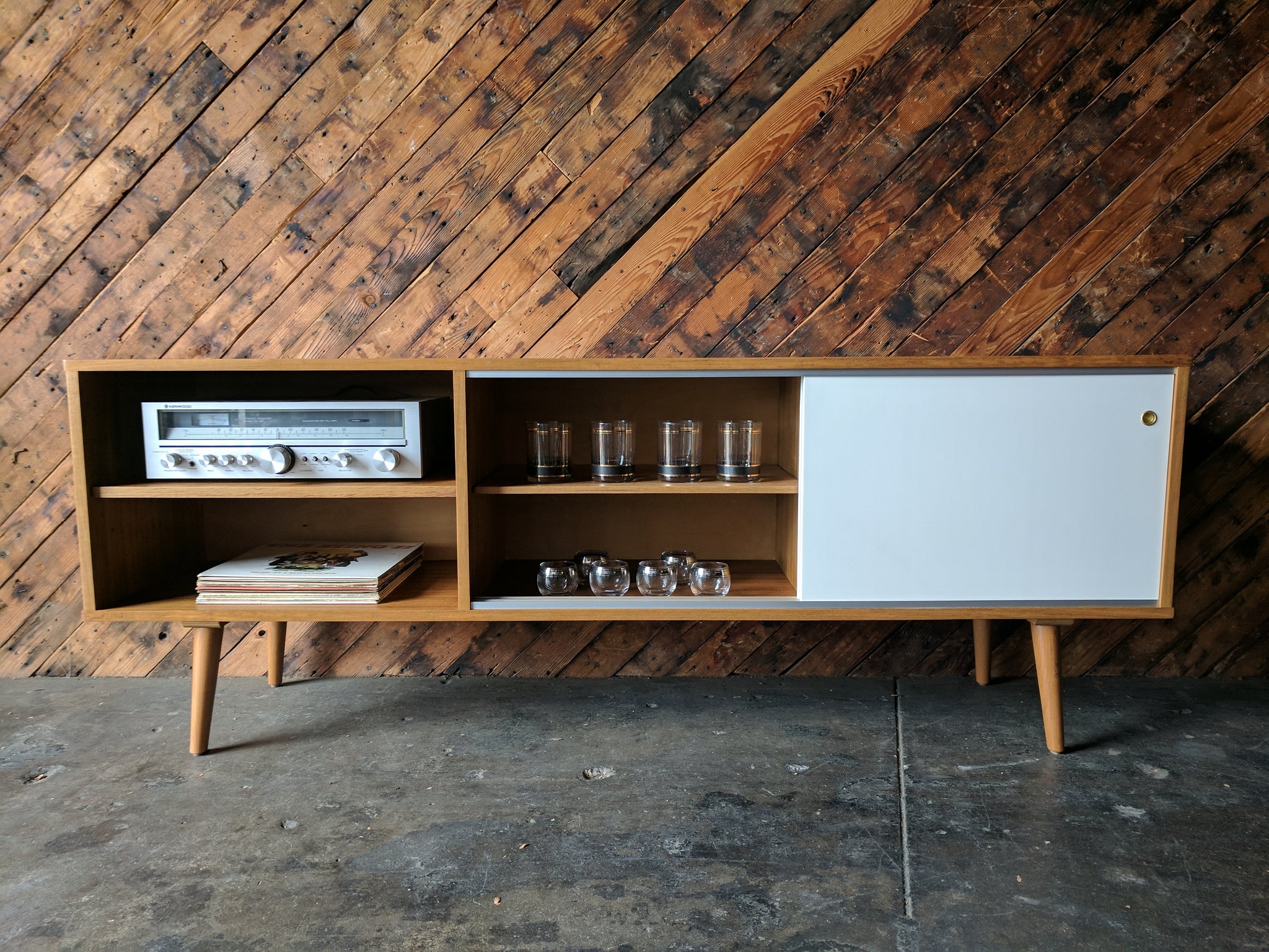 Custom Teak Mid Century Style Credenza with 3 bays and 2 sliding doors
