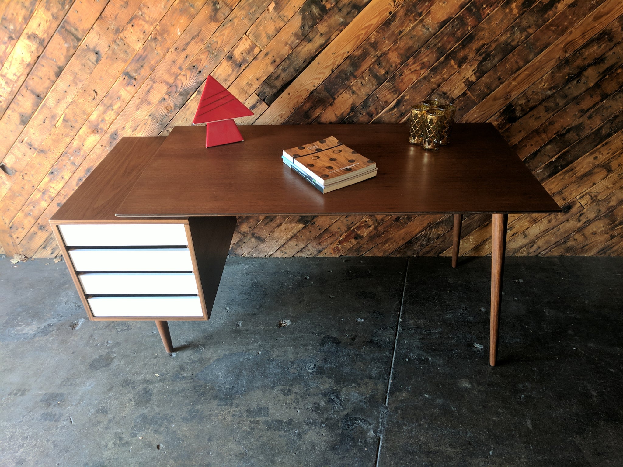 Custom Large Mid Century Style Walnut Desk, Mid Century Style