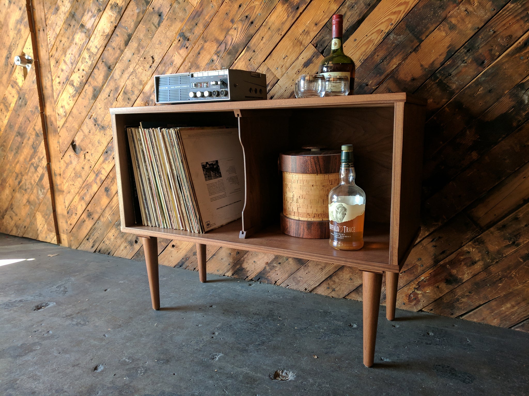 Mid Century Style Record Cabinet Credenza with 2 bays