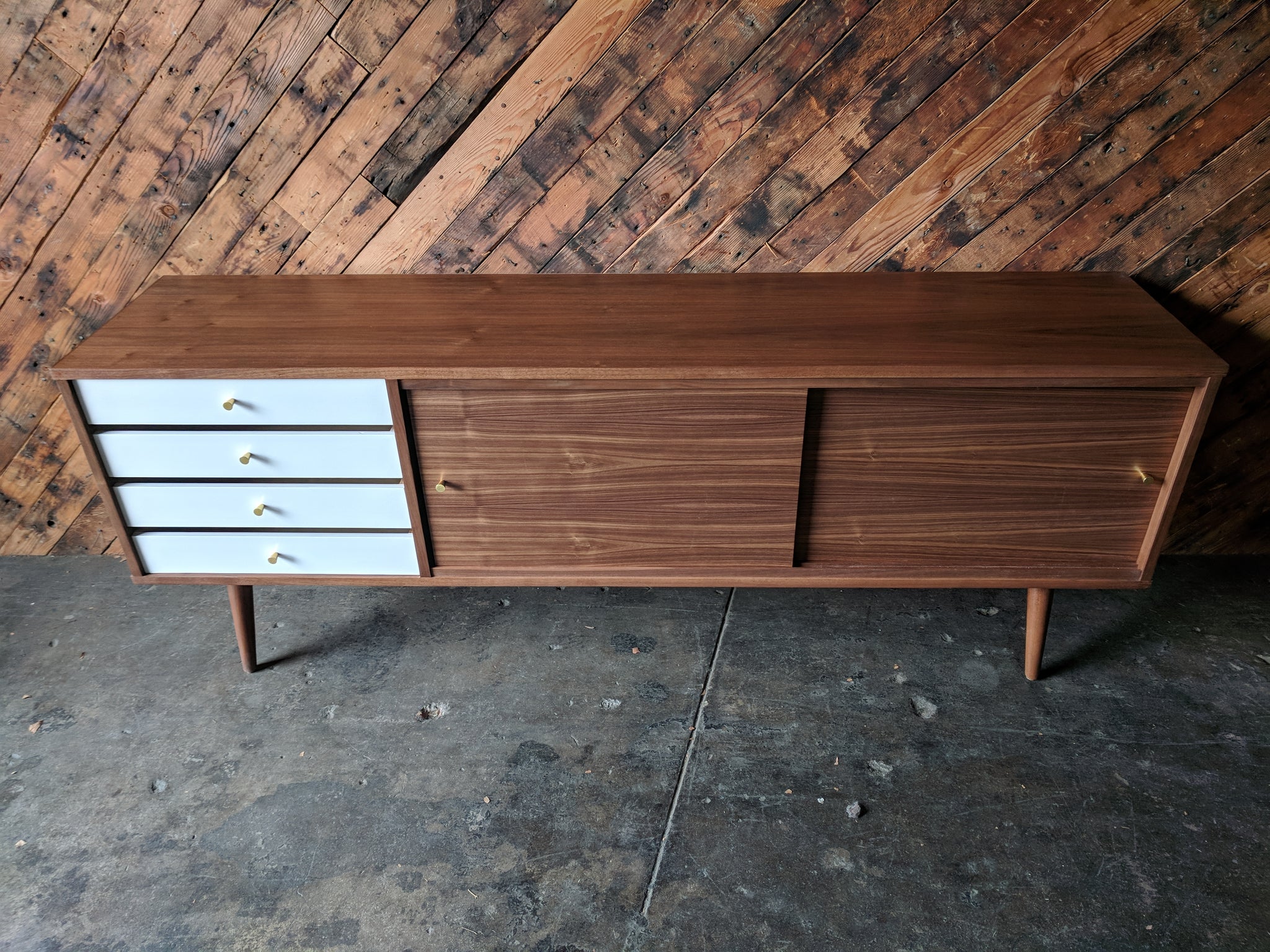 Mid Century Style Custom Credenza with 4 painted drawers, brass knobs and sliding doors