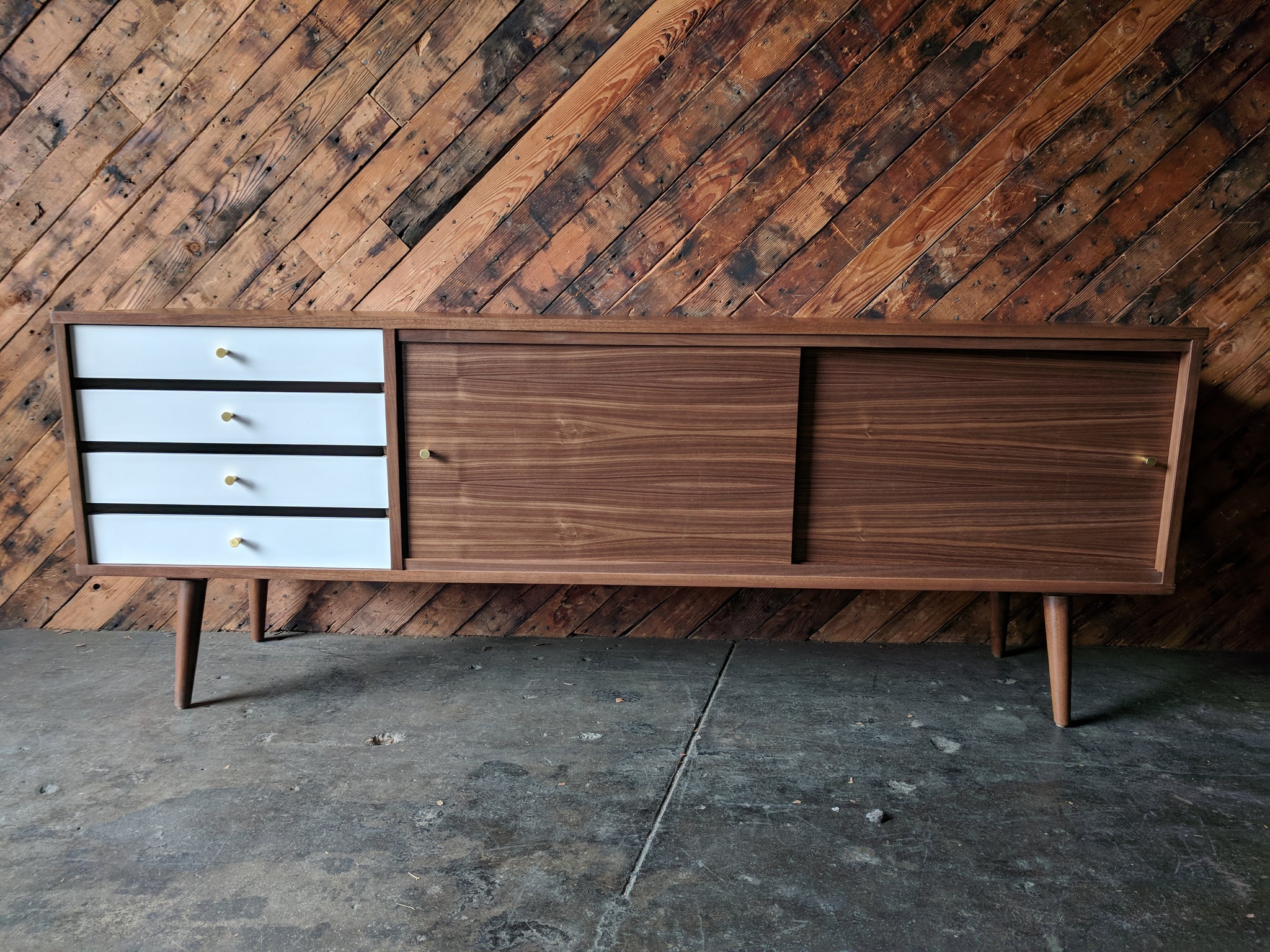 Mid Century Style Custom Credenza with 4 painted drawers, brass knobs and sliding doors