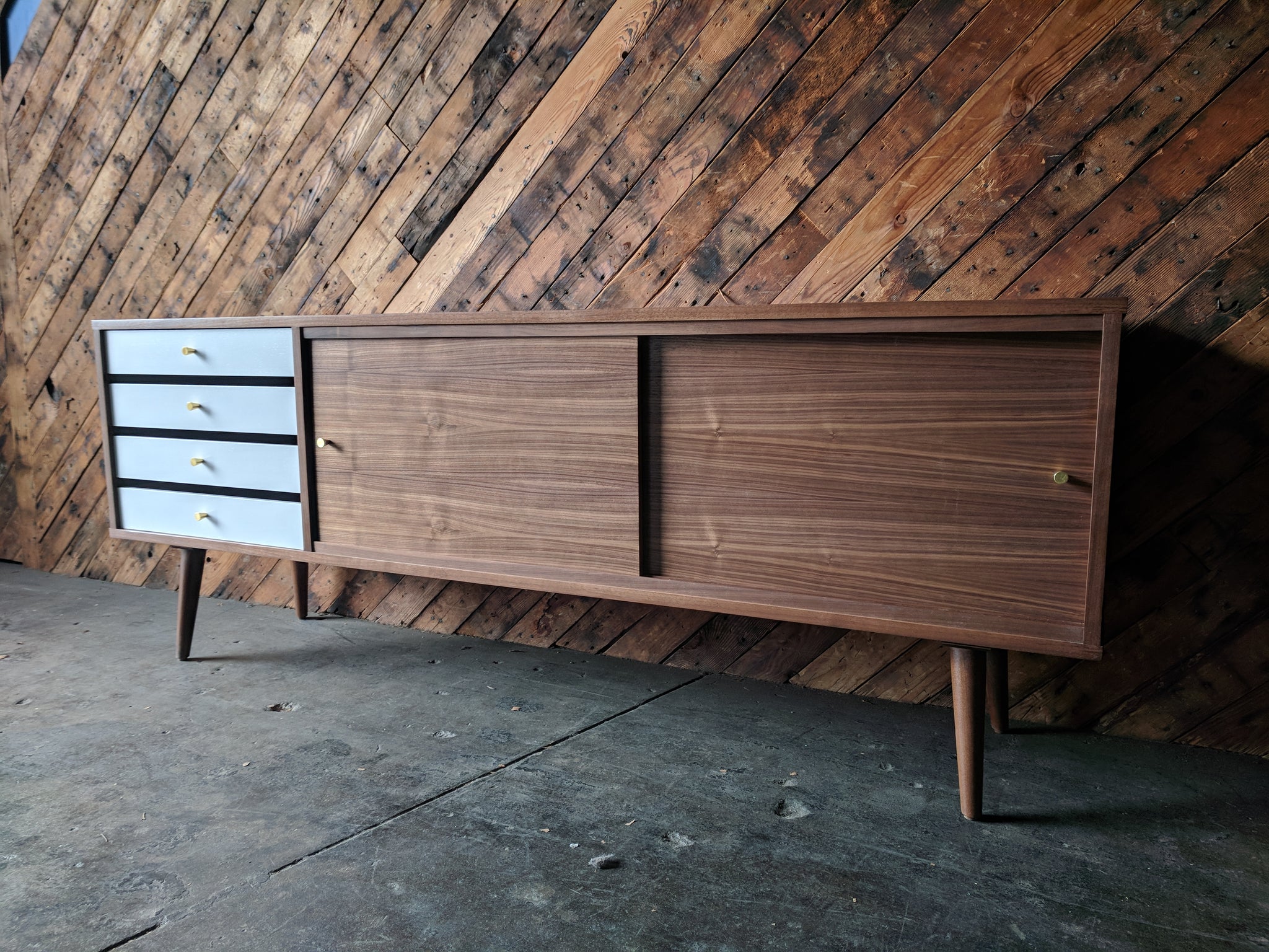 Mid Century Style Custom Credenza with 4 painted drawers, brass knobs and sliding doors