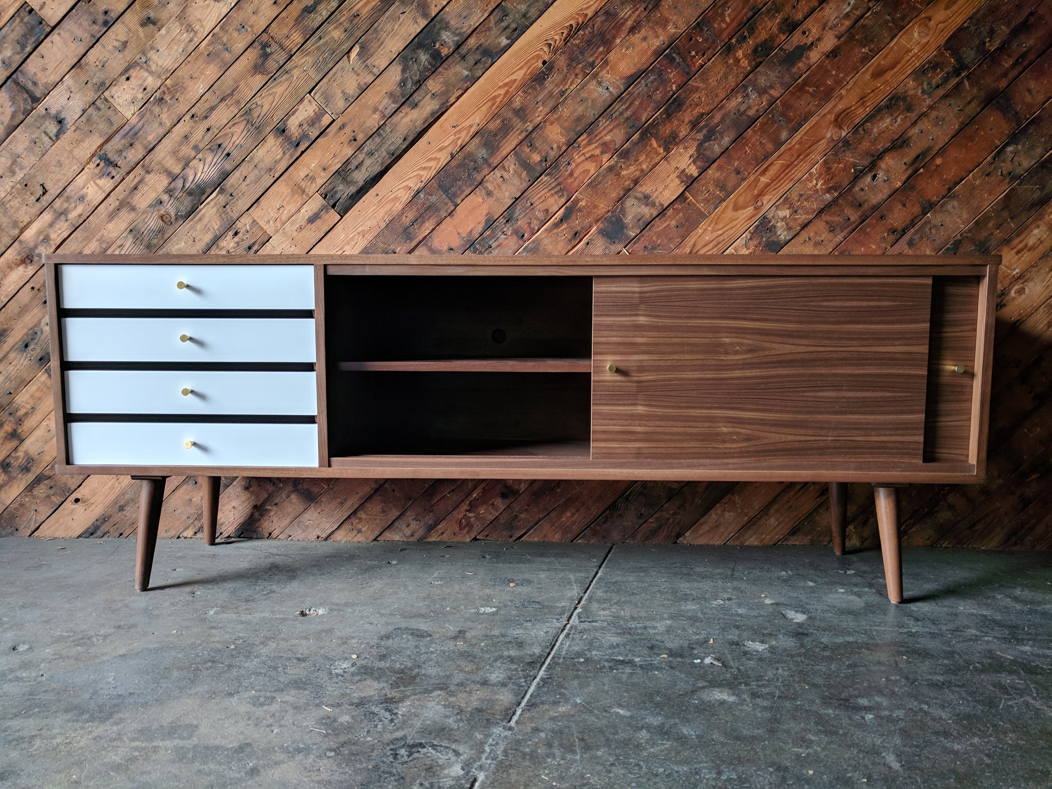 Mid Century Style Custom Credenza with 4 painted drawers, brass knobs and sliding doors