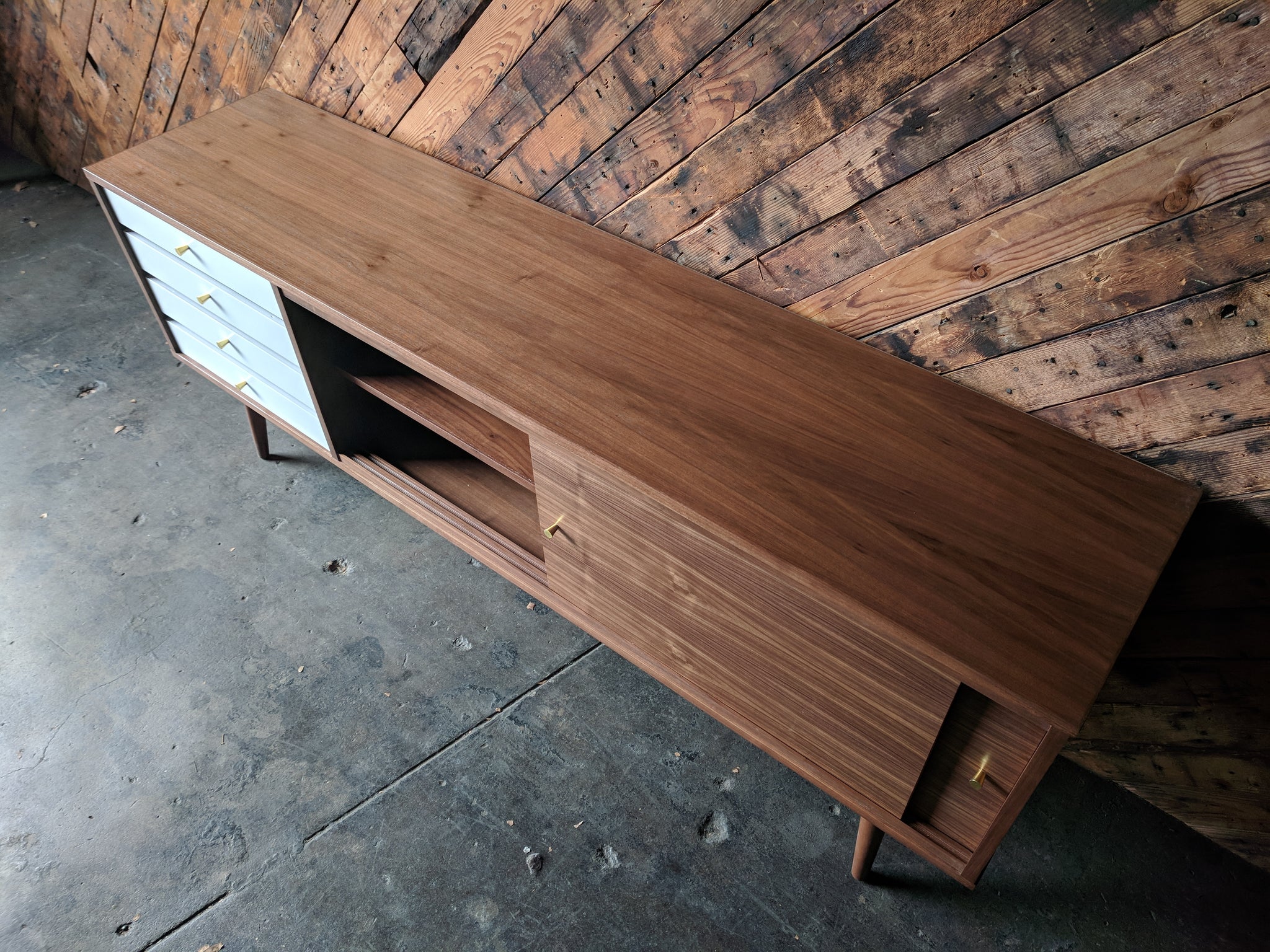 Mid Century Style Custom Credenza with 4 painted drawers, brass knobs and sliding doors