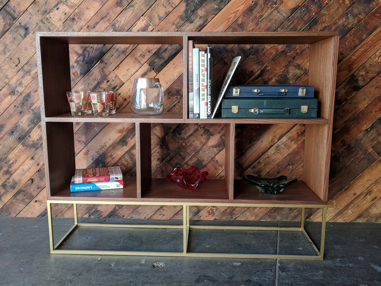 Custom Walnut Book/Record shelf with Brass Colored Metal Base with 5 bays that fit records