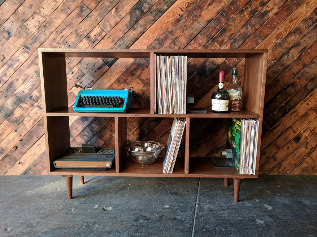 Custom Mid Century Style Walnut Book Record Shelf with 5 bays that fit records