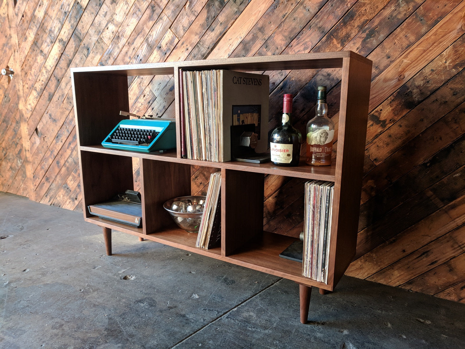 Custom Mid Century Style Walnut Book Record Shelf with 5 bays that fit records