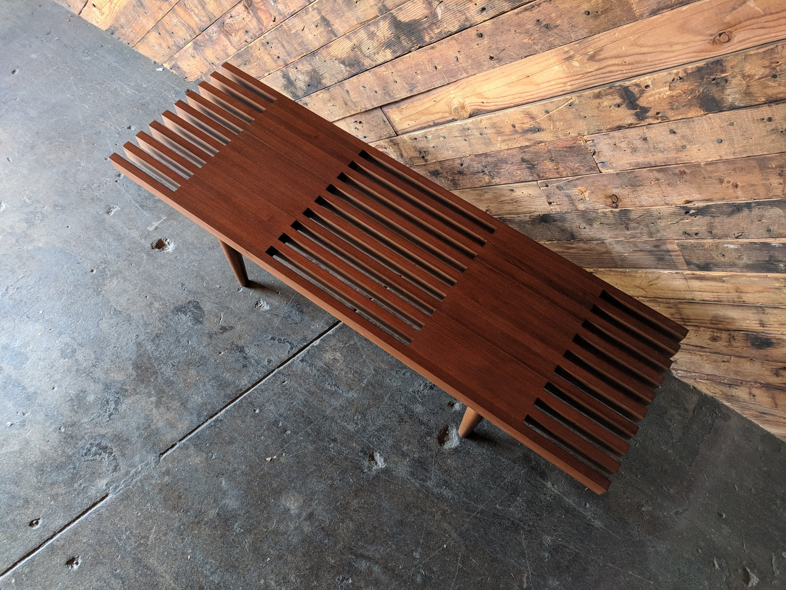 Custom mid century style slat bench