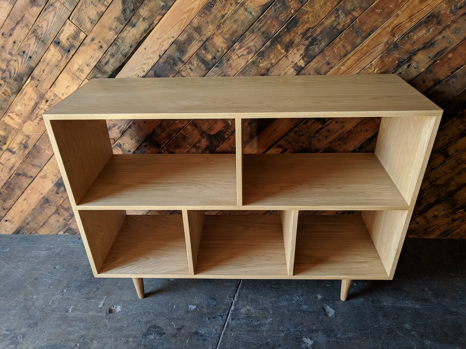 Custom Mid Century Style White Oak Book Record Shelf with 5 bays that fit records