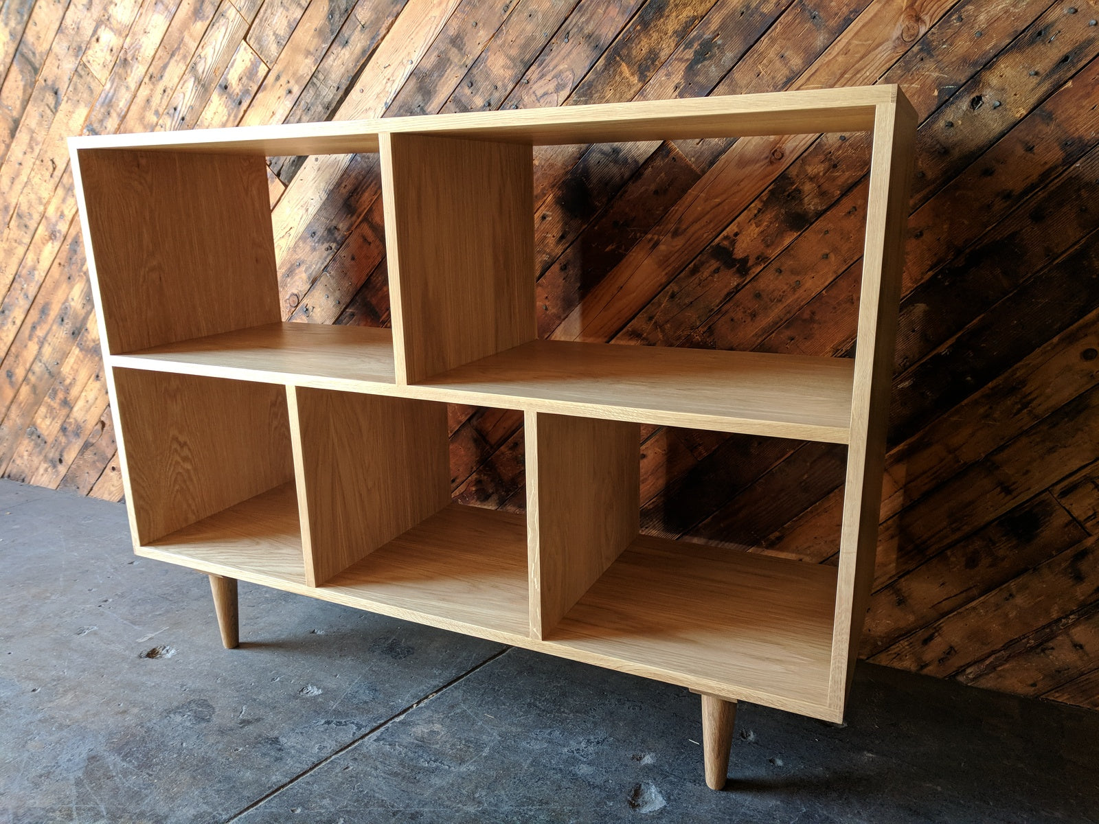 Custom Mid Century Style White Oak Book Record Shelf with 5 bays that fit records