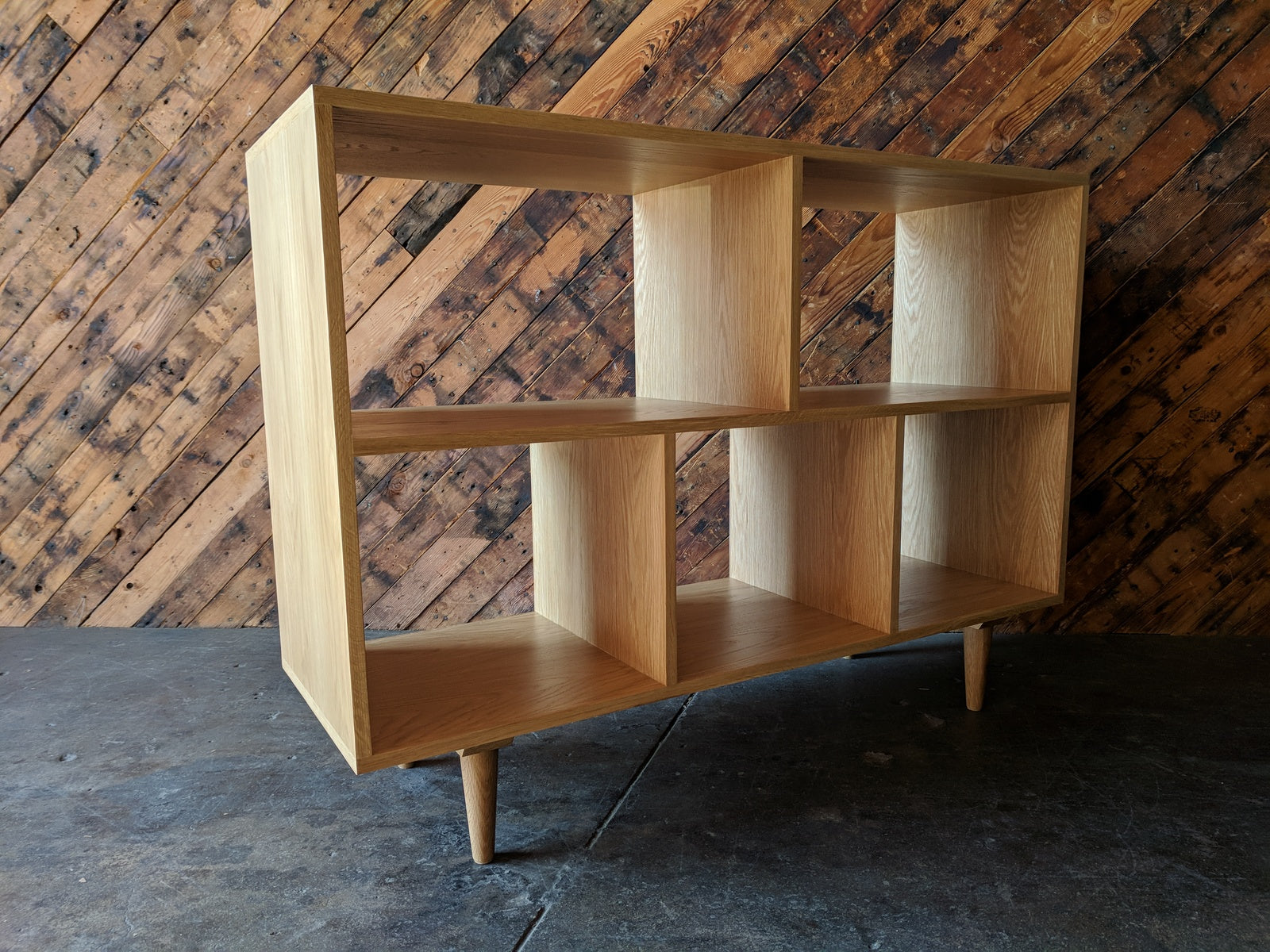 Custom Mid Century Style White Oak Book Record Shelf with 5 bays that fit records