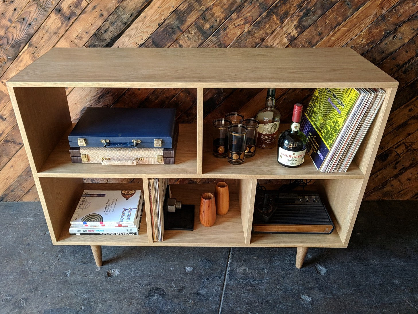 Custom Mid Century Style White Oak Book Record Shelf with 5 bays that fit records