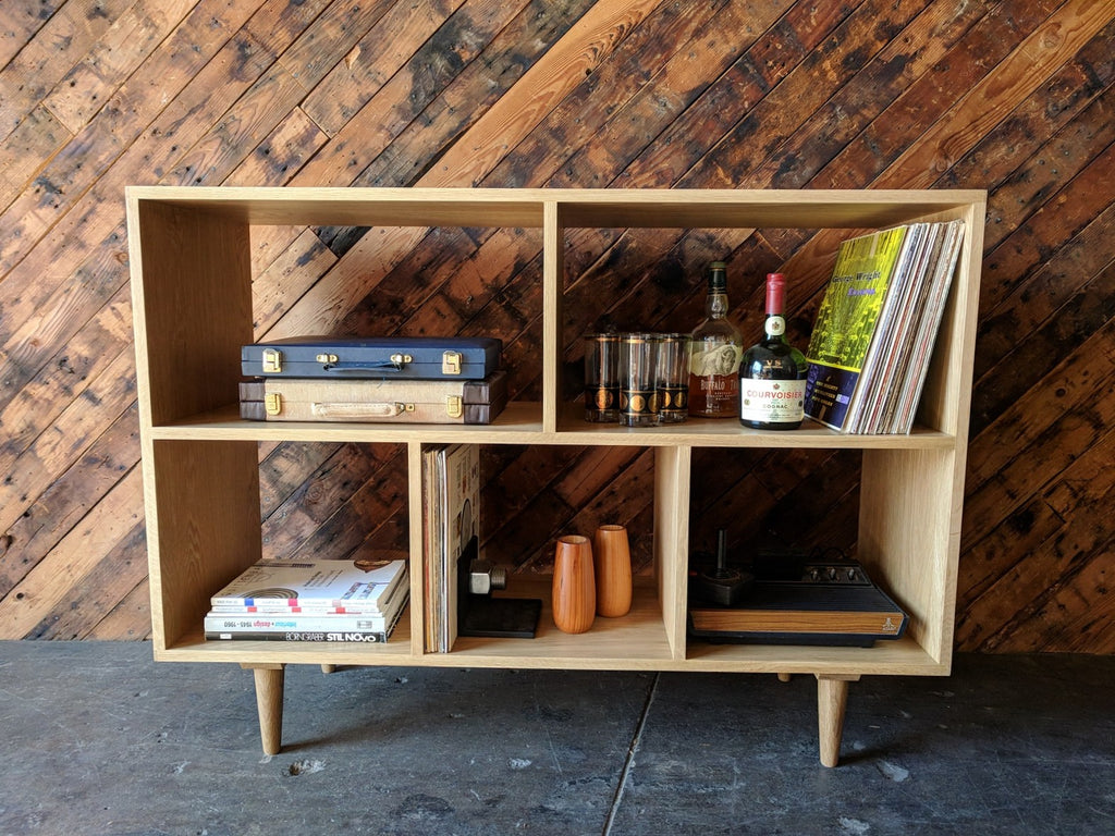 Custom Mid Century Style White Oak Book Record Shelf with 5 bays that fit records