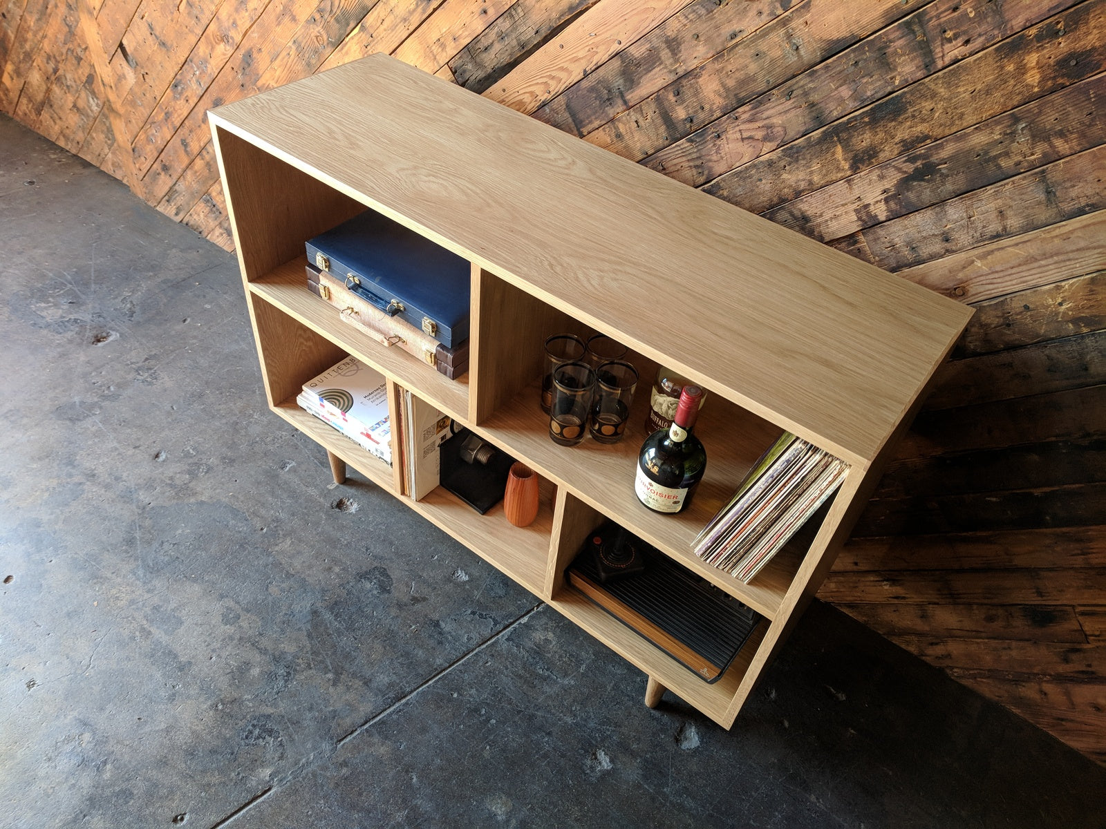 Custom Mid Century Style White Oak Book Record Shelf with 5 bays that fit records