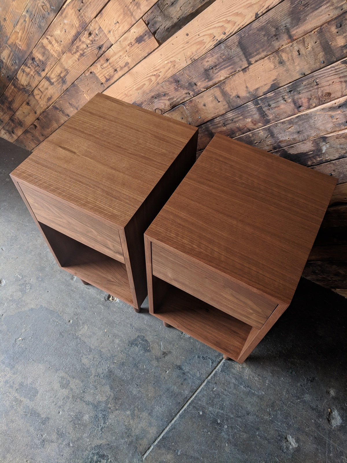 Custom Pair of mid century style night stands, very tall and with large drawer