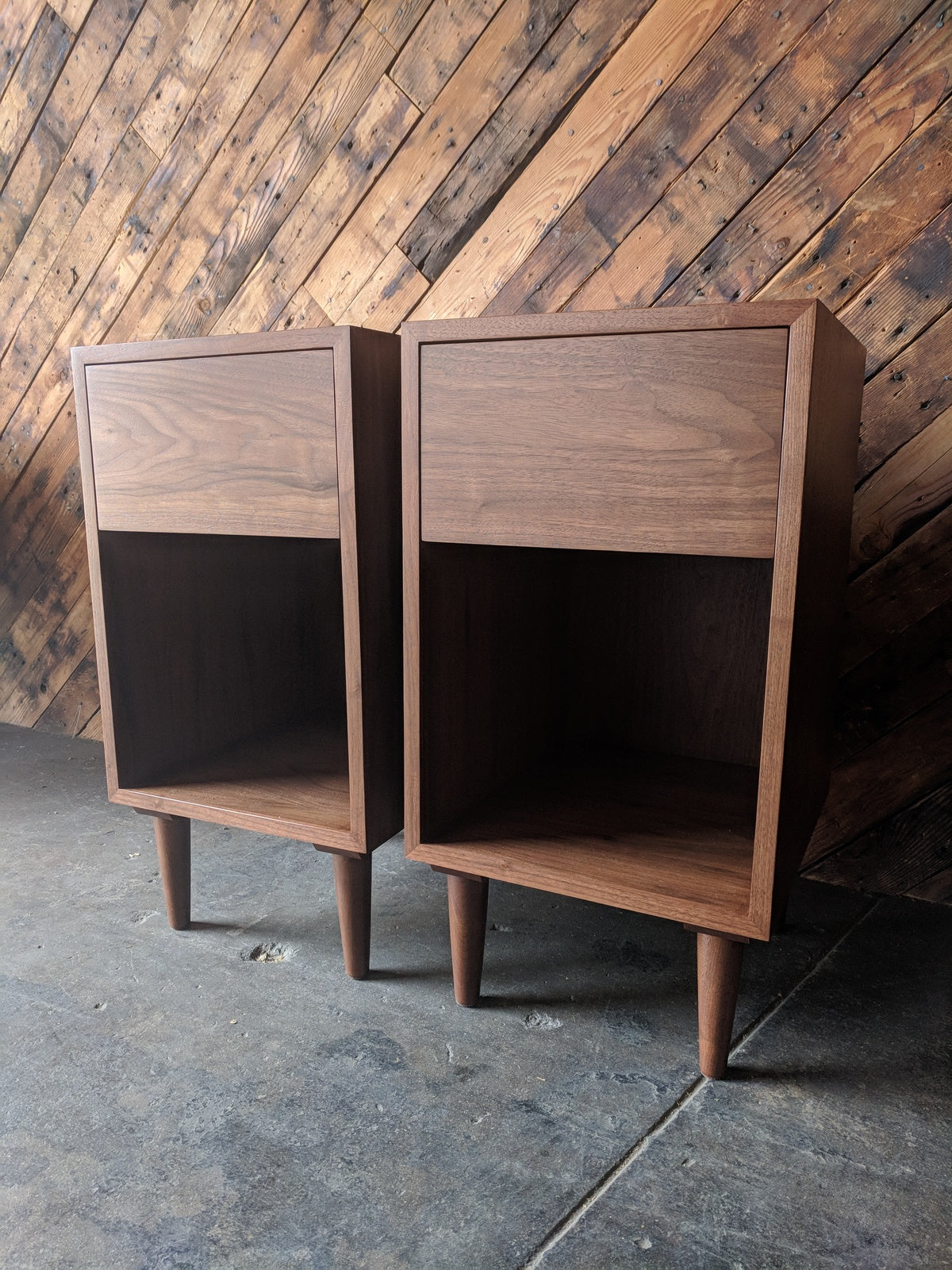 Custom Pair of mid century style night stands, very tall and with large drawer