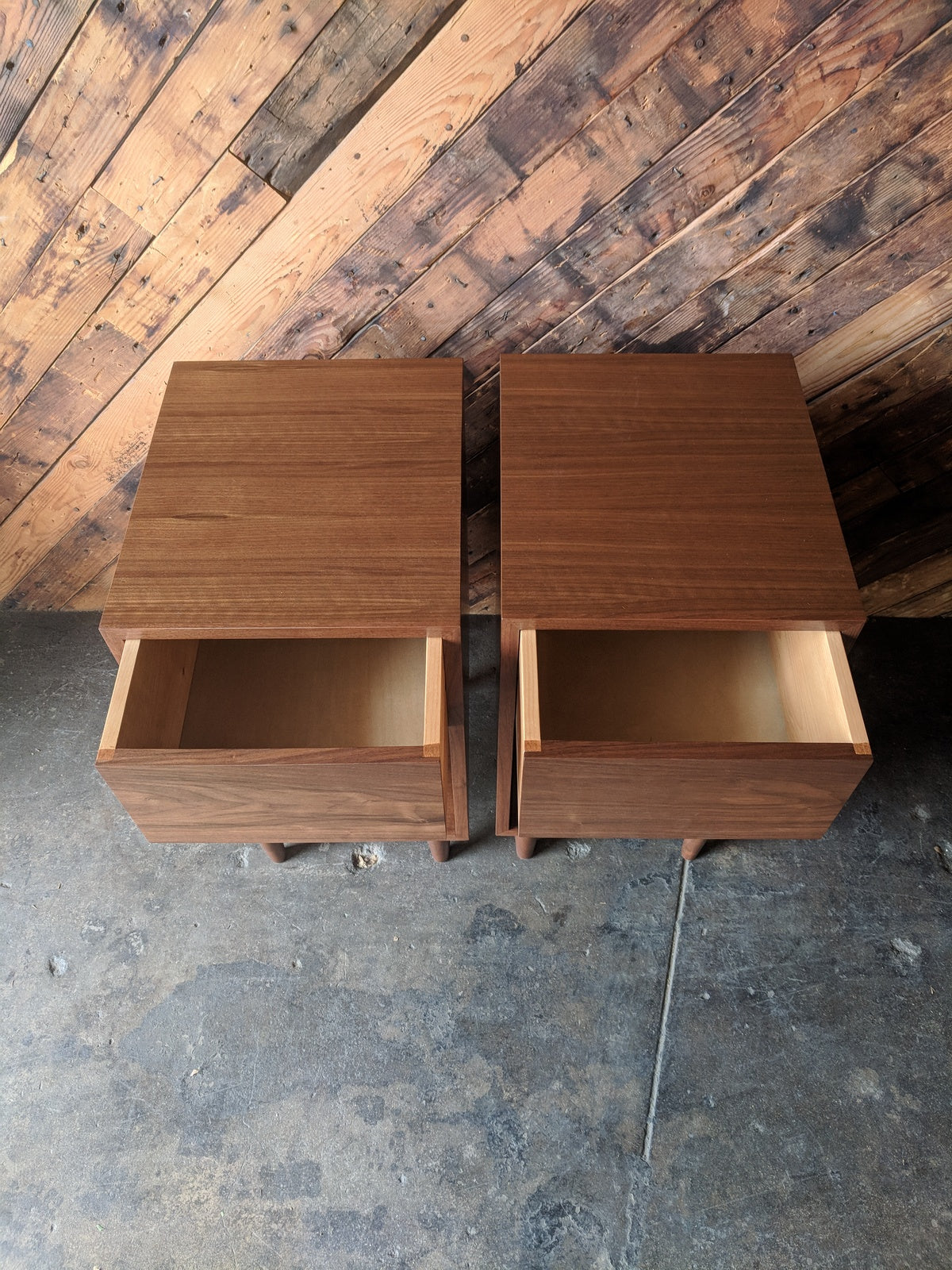 Custom Pair of mid century style night stands, very tall and with large drawer