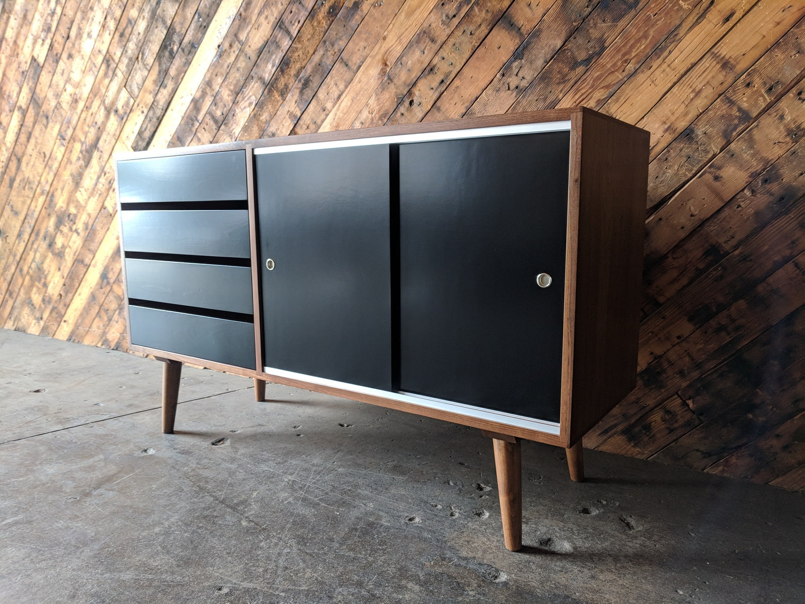 Mid Century Style Custom Small Credenza with 4 drawers and sliding doors