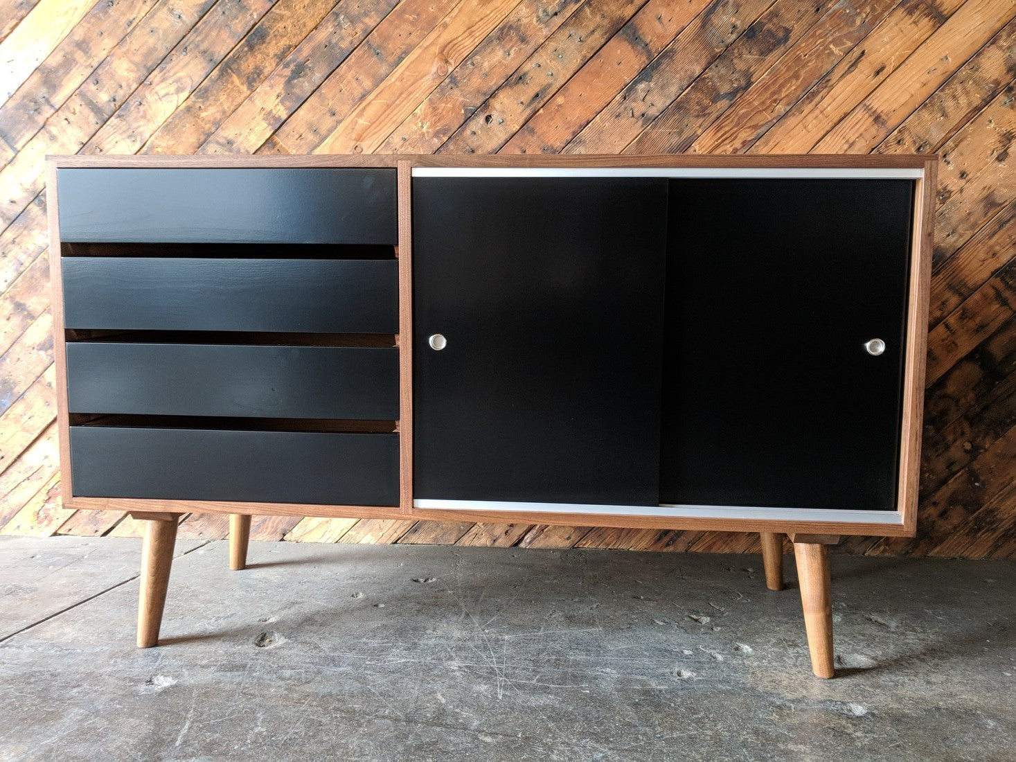 Mid Century Style Custom Small Credenza with 4 drawers and sliding doors