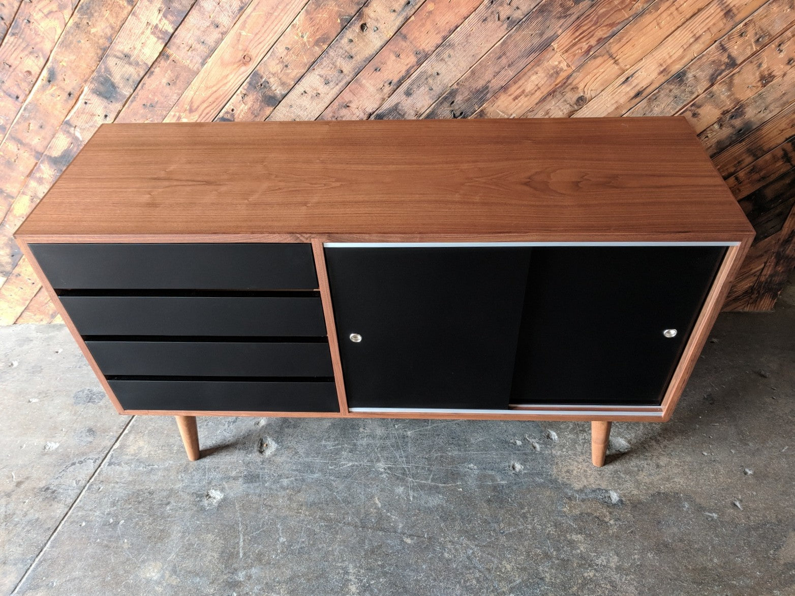 Mid Century Style Custom Small Credenza with 4 drawers and sliding doors