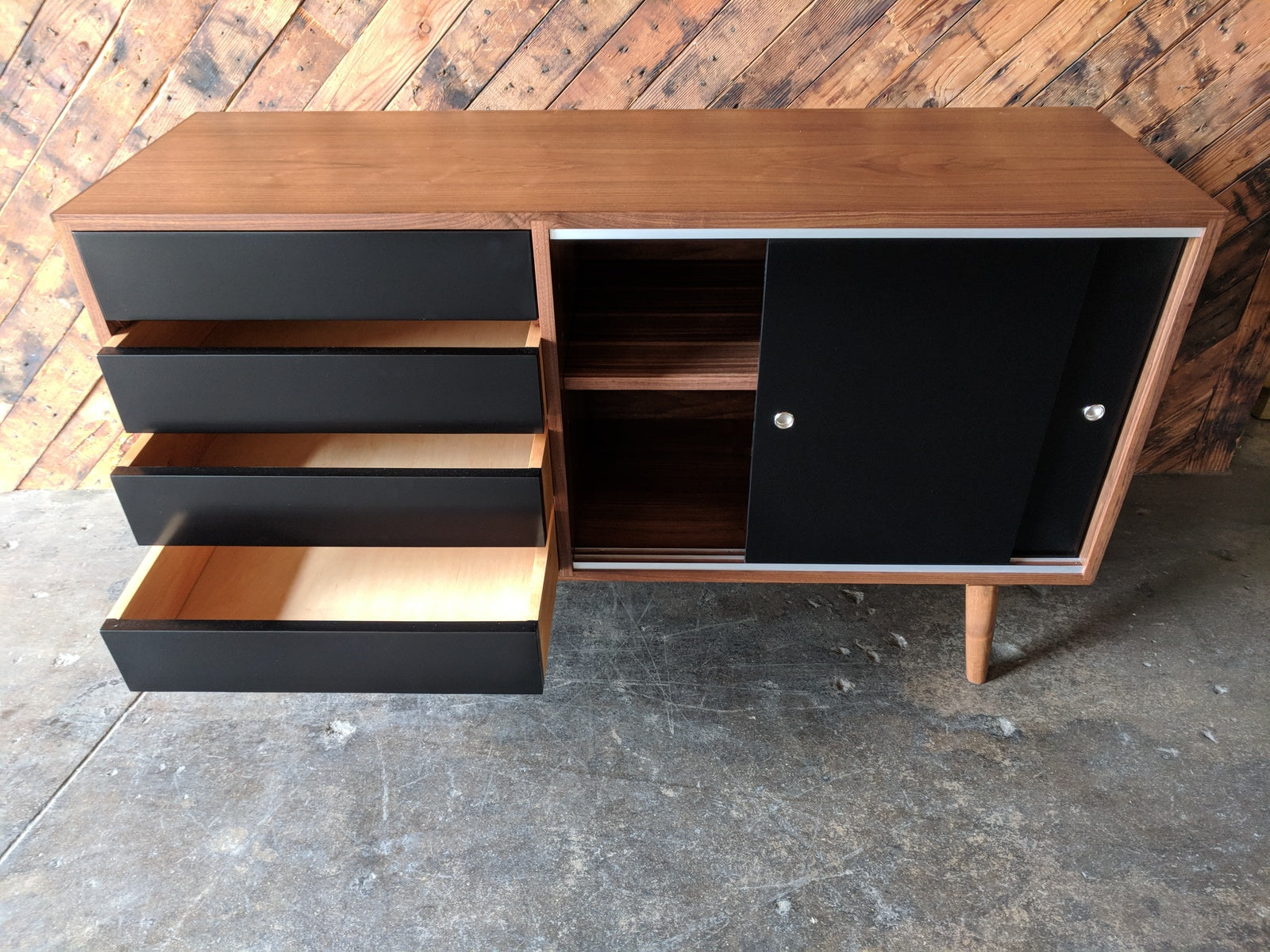 Mid Century Style Custom Small Credenza with 4 drawers and sliding doors