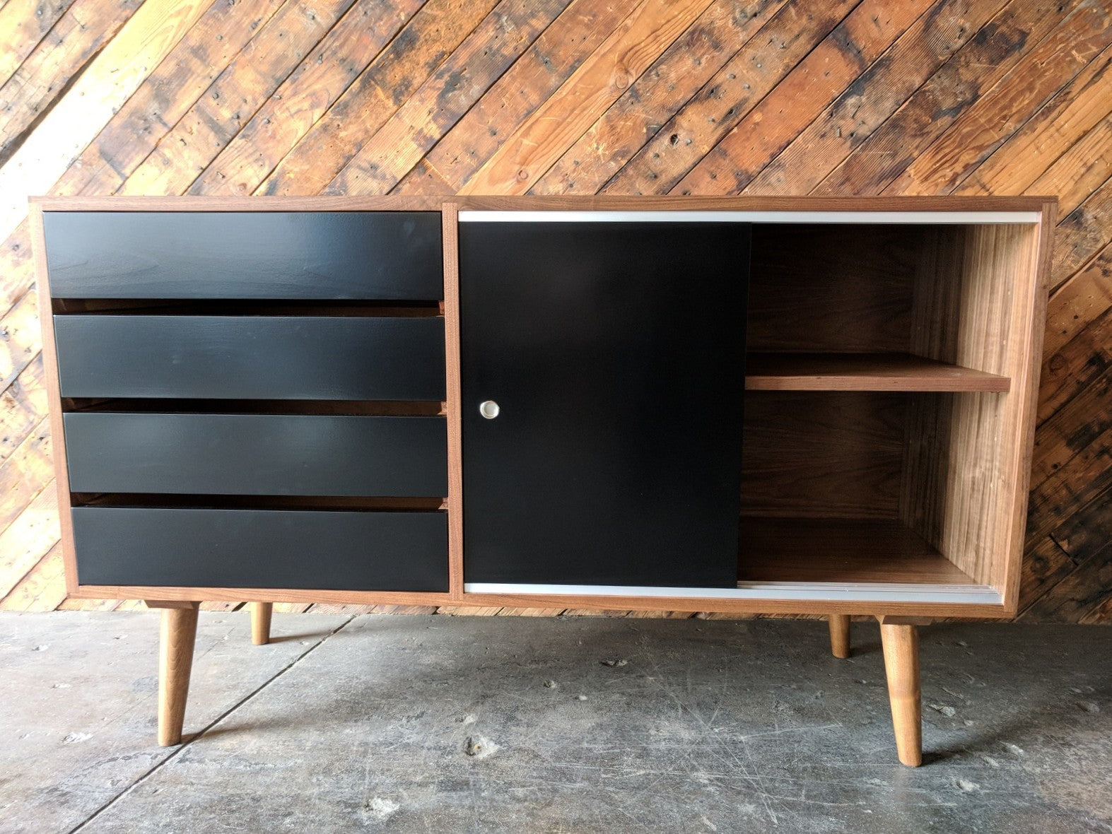 Mid Century Style Custom Small Credenza with 4 drawers and sliding doors