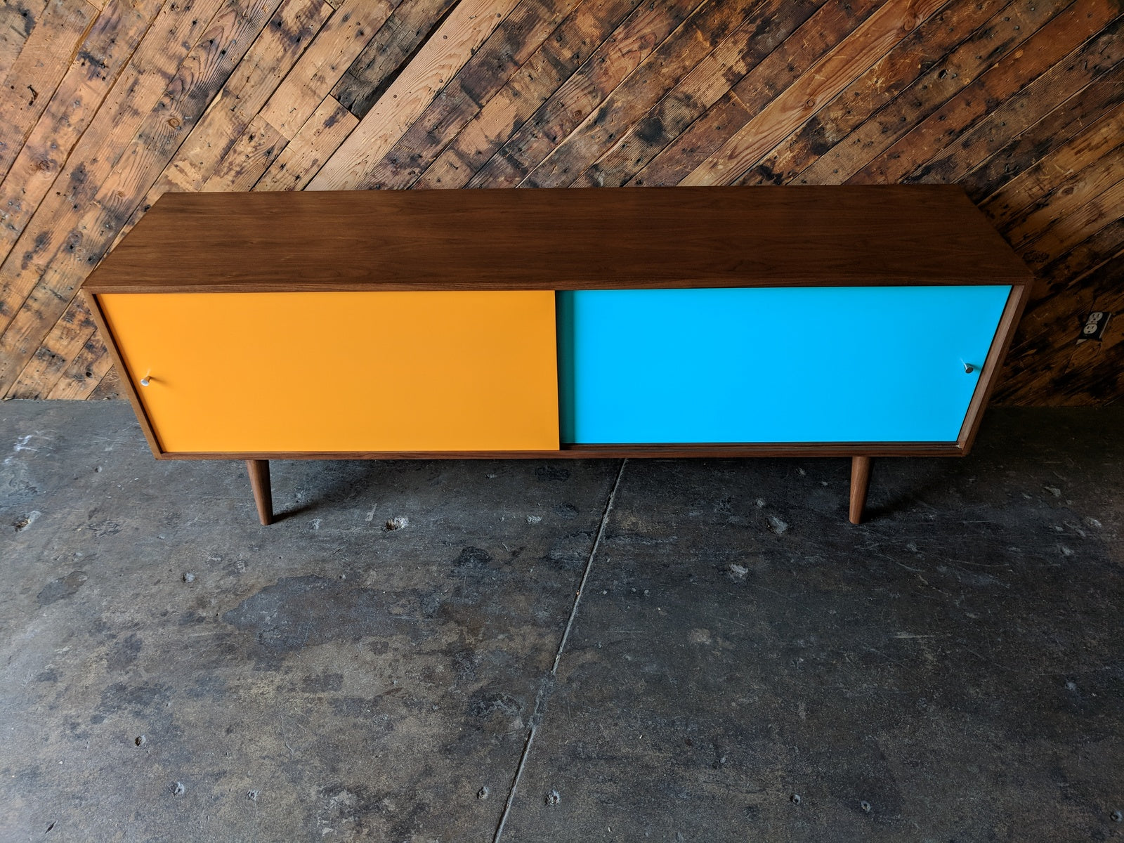 Mid Century Style Custom Walnut Credenza 4 painted drawers and wooden track