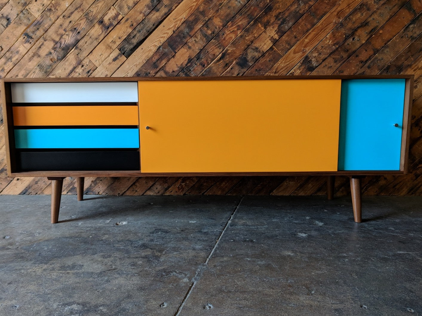 Mid Century Style Custom Walnut Credenza 4 painted drawers and wooden track