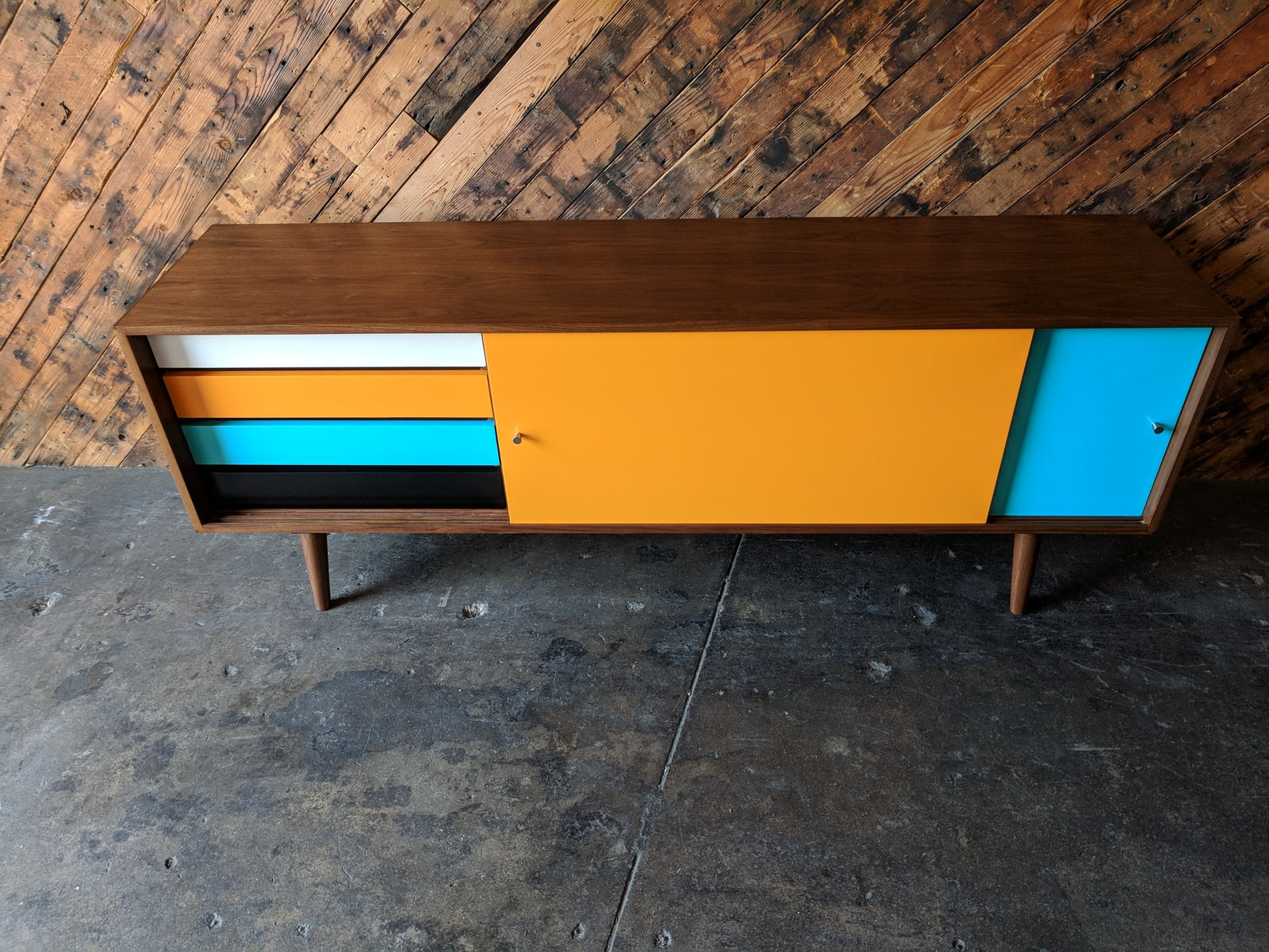 Mid Century Style Custom Walnut Credenza 4 painted drawers and wooden track