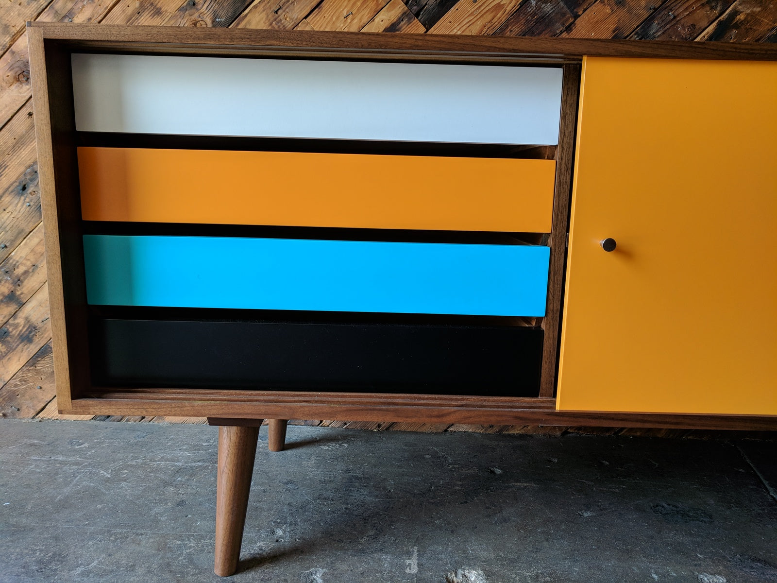 Mid Century Style Custom Walnut Credenza 4 painted drawers and wooden track
