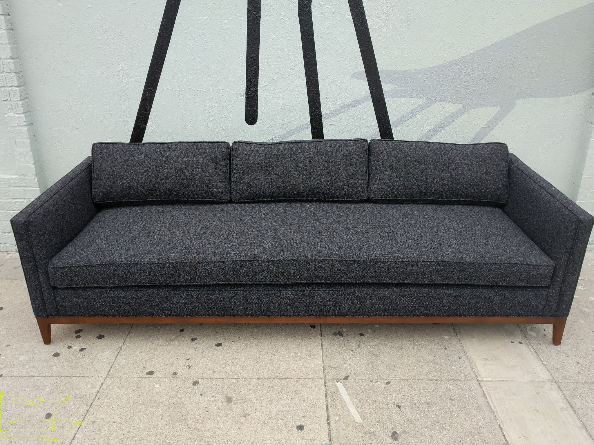 Mid Century Style Custom Sofa In Dark Charcoal Tweed Fabric