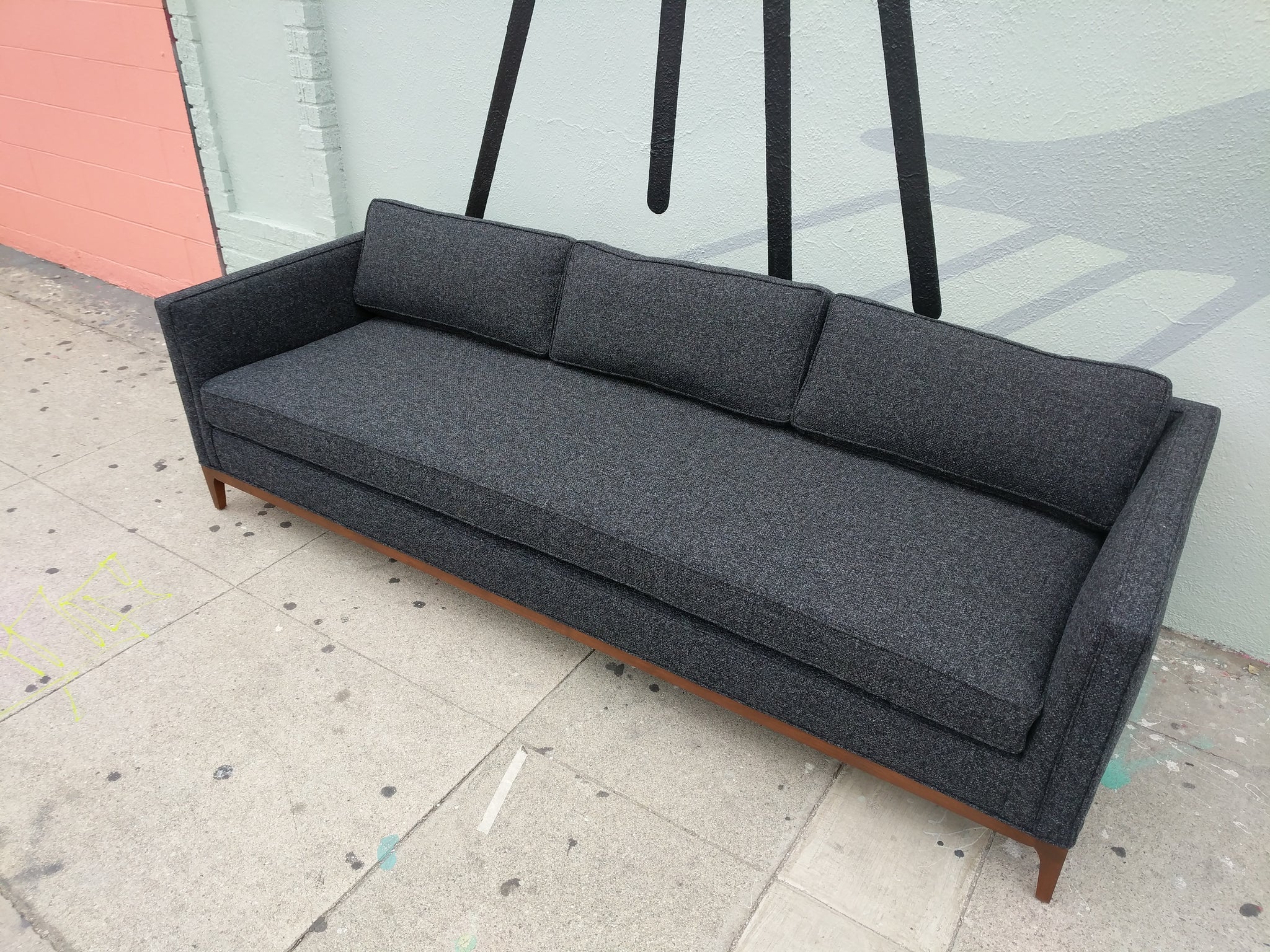 Mid Century Style Custom Sofa In Dark Charcoal Tweed Fabric