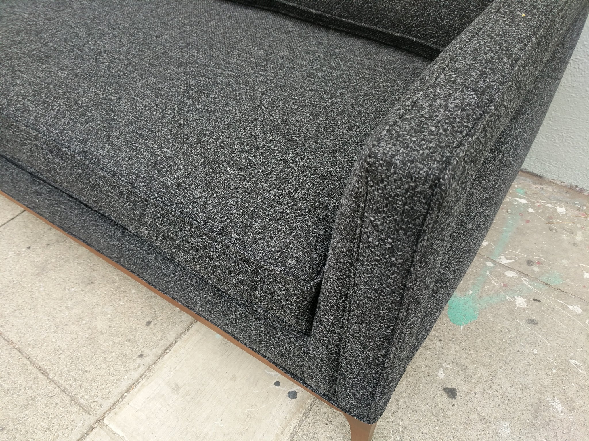 Mid Century Style Custom Sofa In Dark Charcoal Tweed Fabric