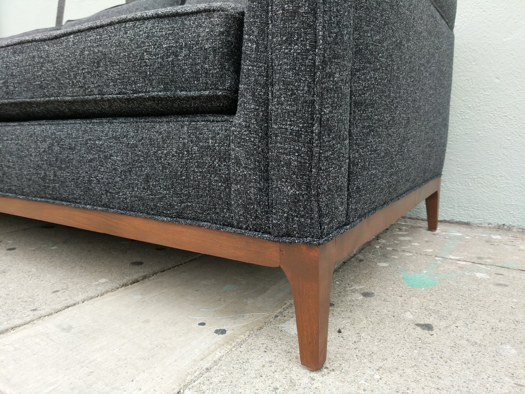 Mid Century Style Custom Sofa In Dark Charcoal Tweed Fabric