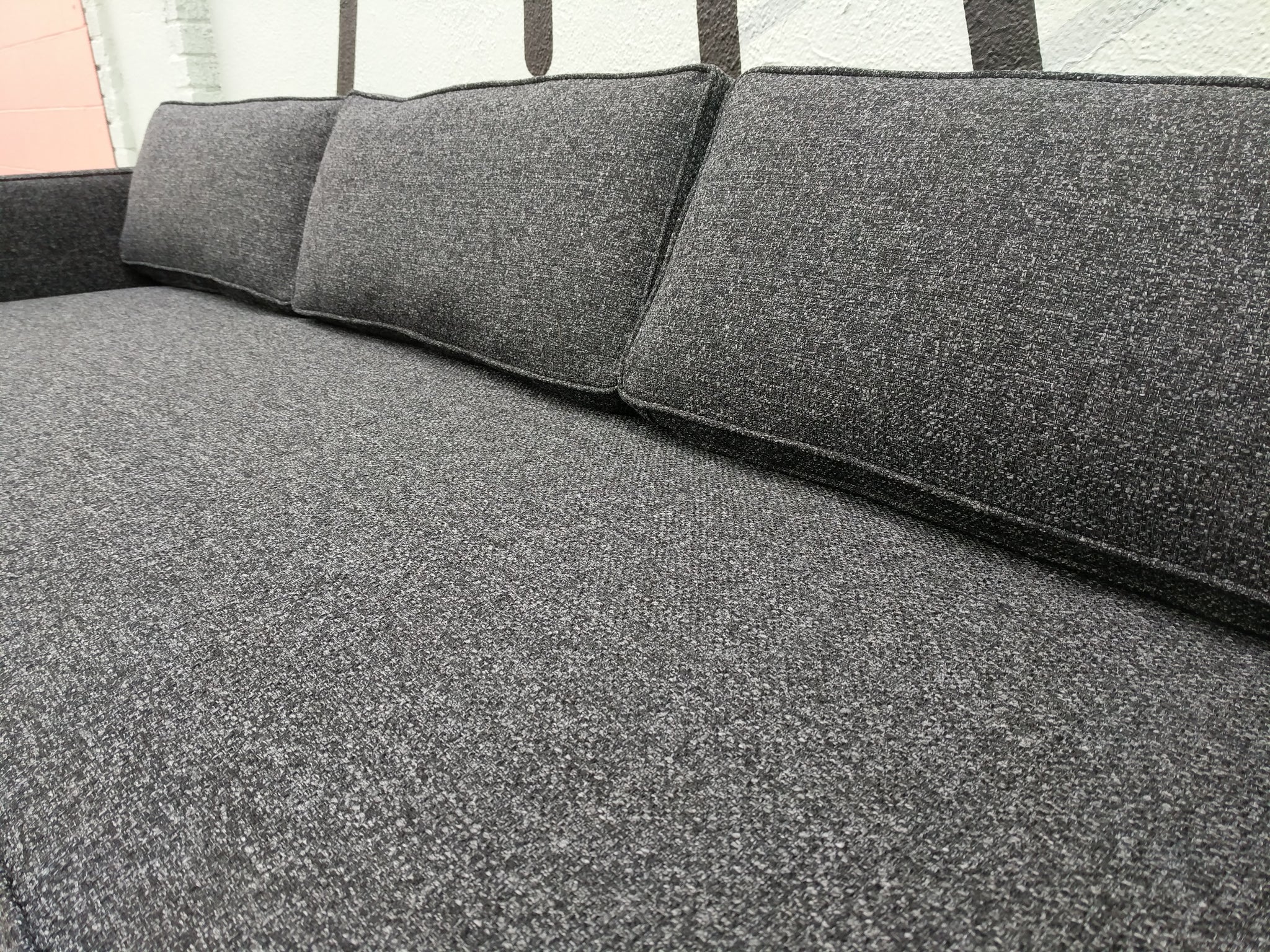 Mid Century Style Custom Sofa In Dark Charcoal Tweed Fabric