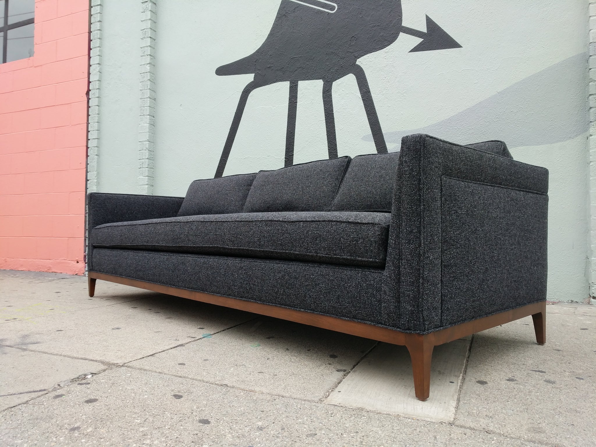 Mid Century Style Custom Sofa In Dark Charcoal Tweed Fabric