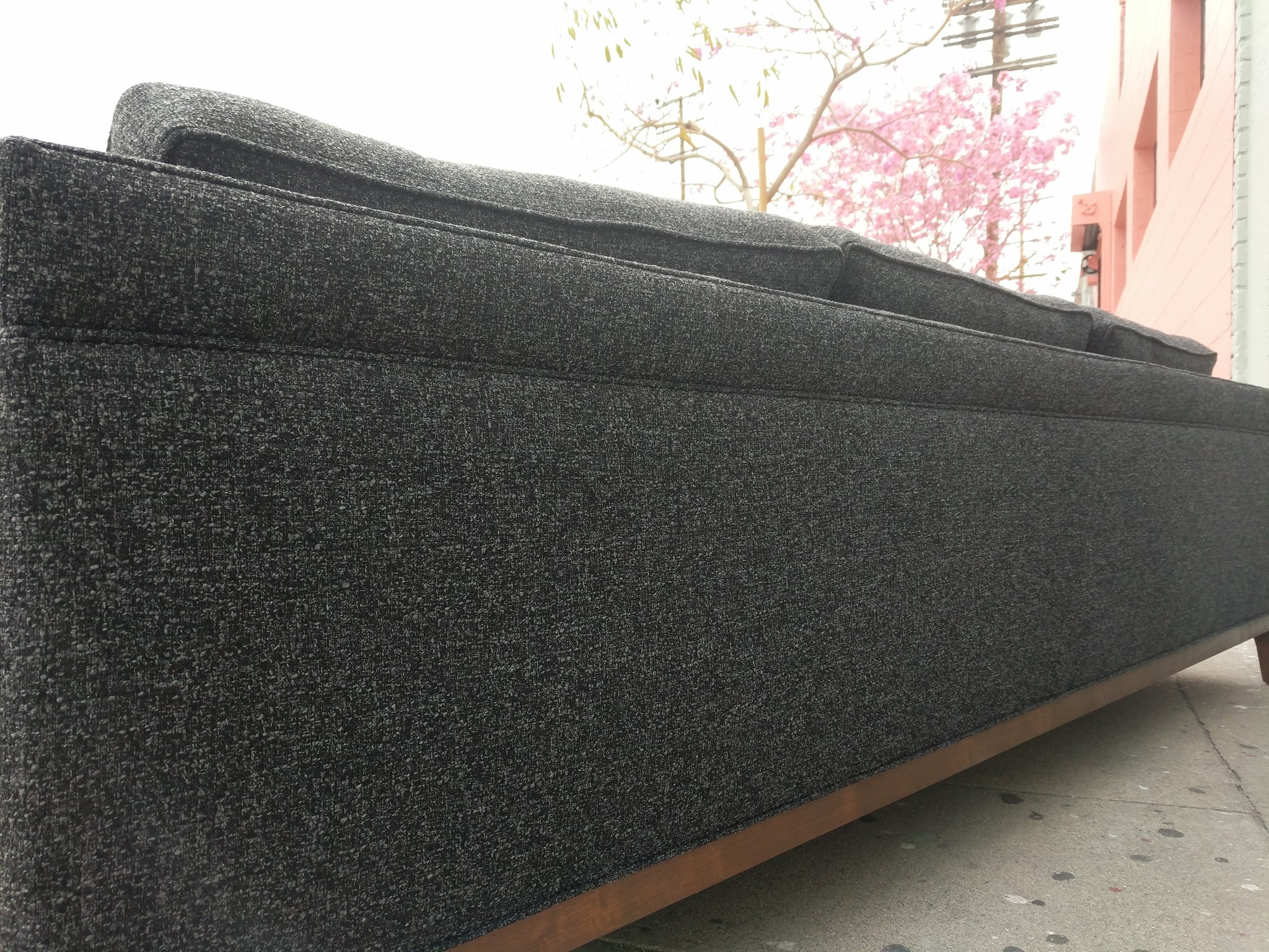 Mid Century Style Custom Sofa In Dark Charcoal Tweed Fabric