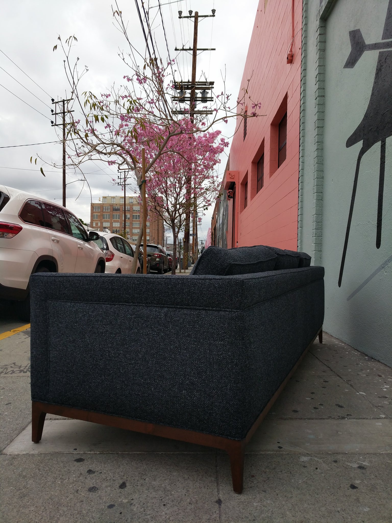 Mid Century Style Custom Sofa In Dark Charcoal Tweed Fabric