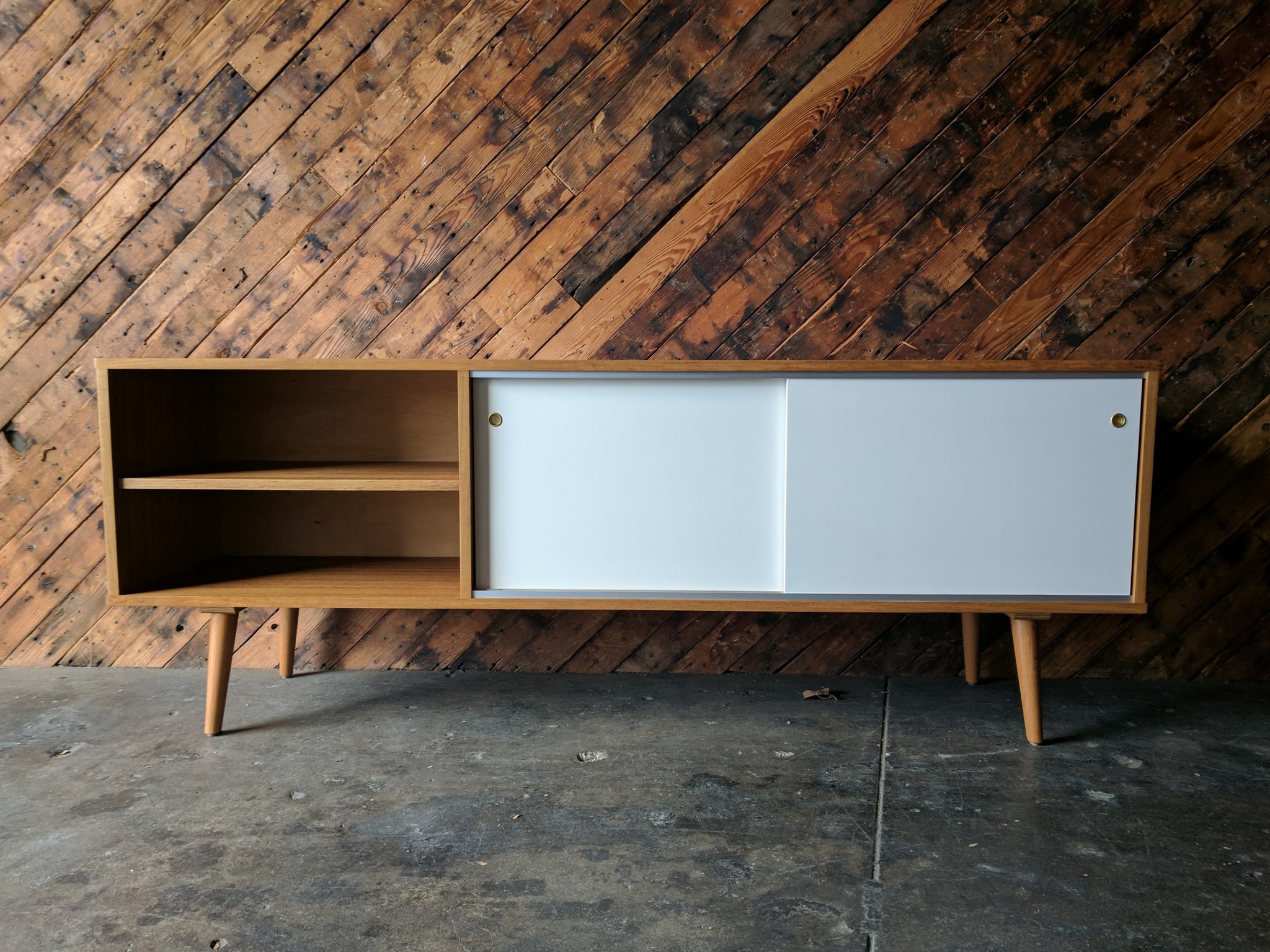 Custom Teak Mid Century Style Credenza with 3 bays and 2 sliding doors