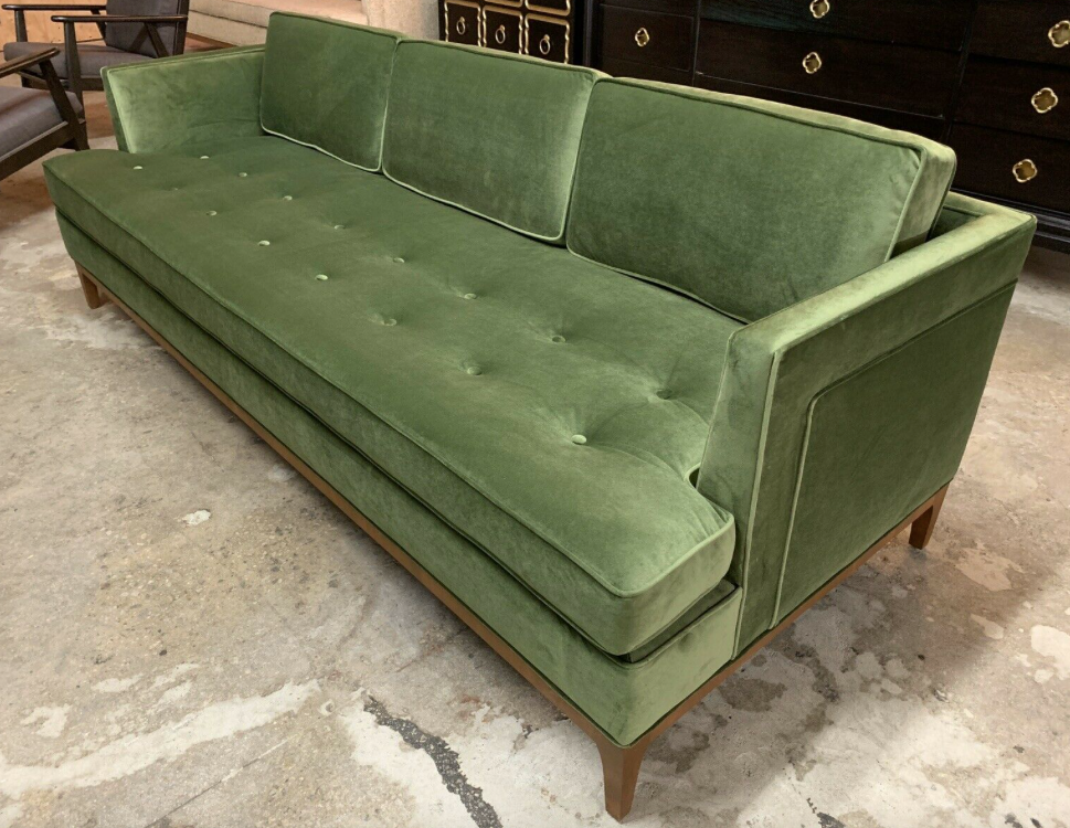 Mid Century Style Custom Sofa in beautiful Green Velvet