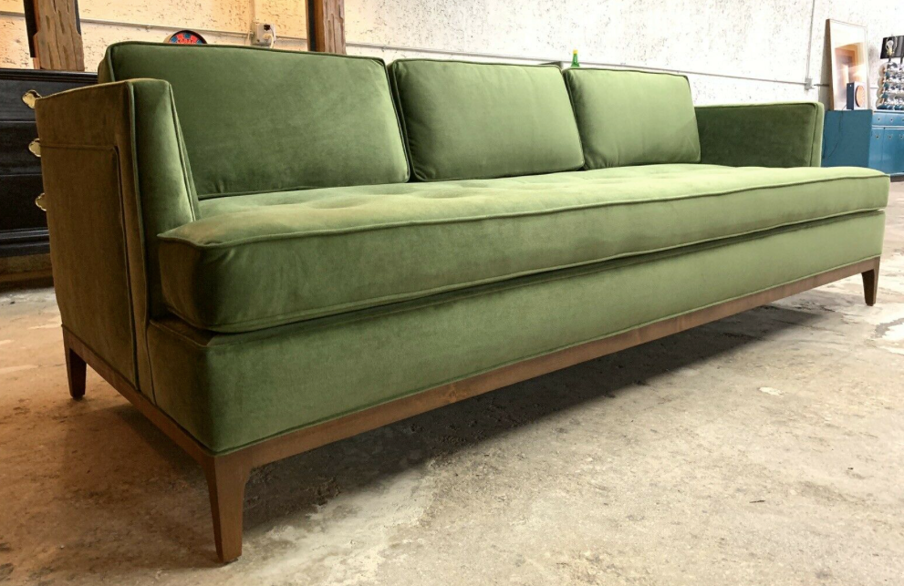 Mid Century Style Custom Sofa in beautiful Green Velvet