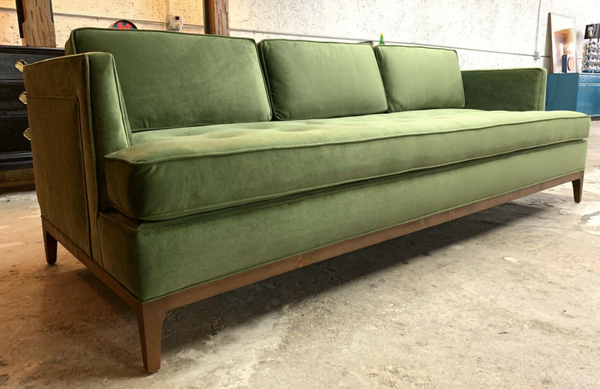 Mid century green on sale velvet sofa